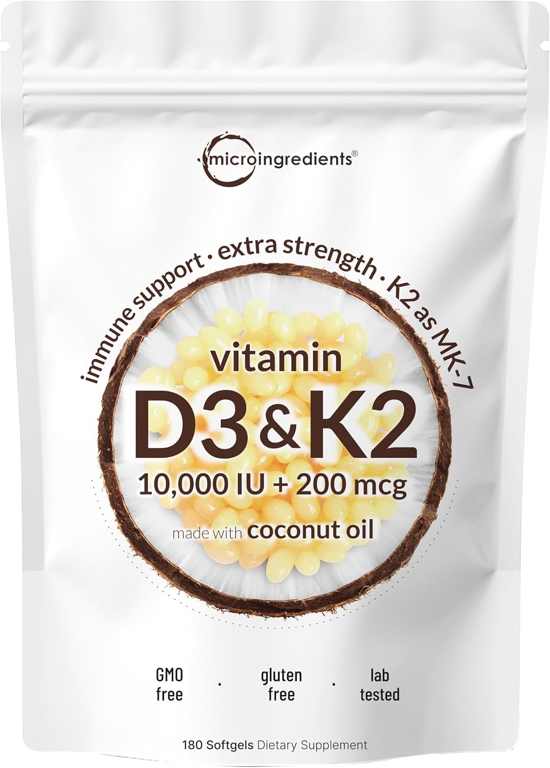 Micro Ingredients Vitamin D3 K2 MK-7 10,000 IU Per Serving, 180 Softgels | Made with Virgin Coconut Oil, K2 200 mcg Per Serving. D3 & K2 Vitamin Supplement. Easy-to-Swallow, Non-GMO, Gluten Free.
