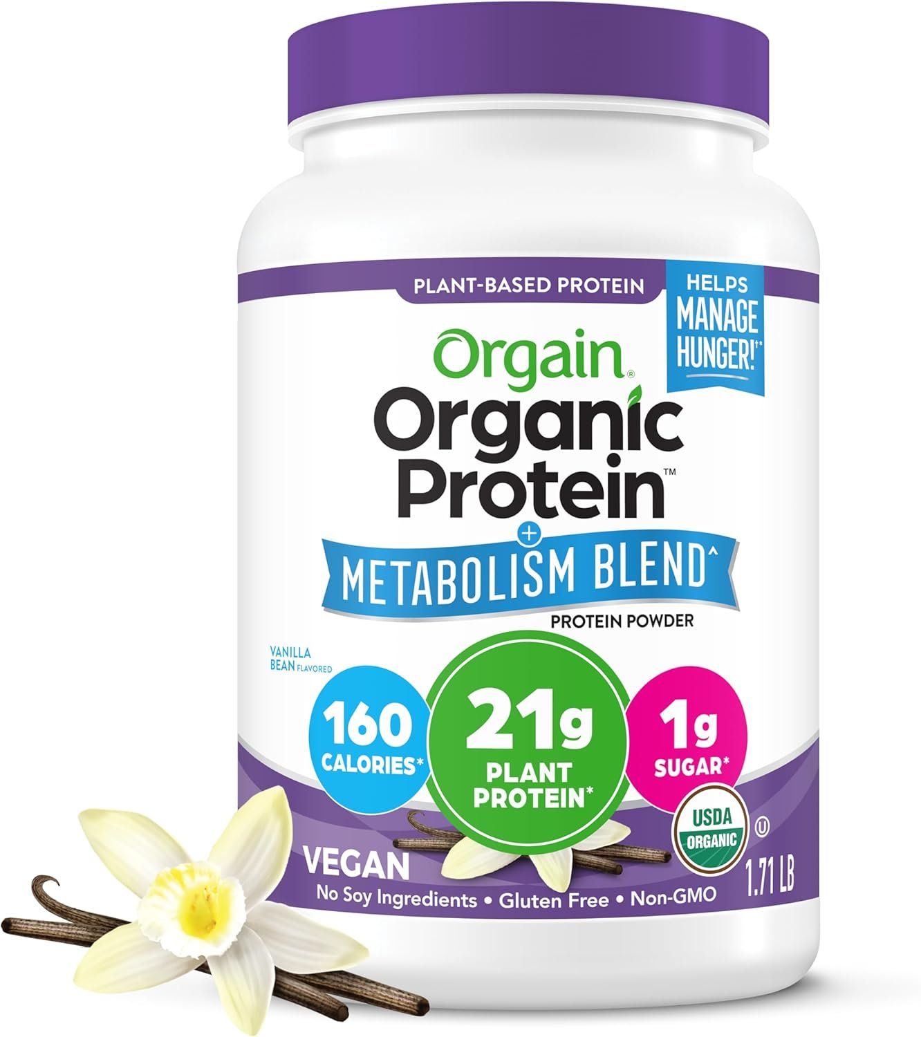 Orgain Organic 21g Vegan Protein + Metabolism Powder, Vanilla, 1.71lb | Plant based protein blend with chromium to promote healthy weight management, 5g prebiotic fiber, for shakes & smoothies