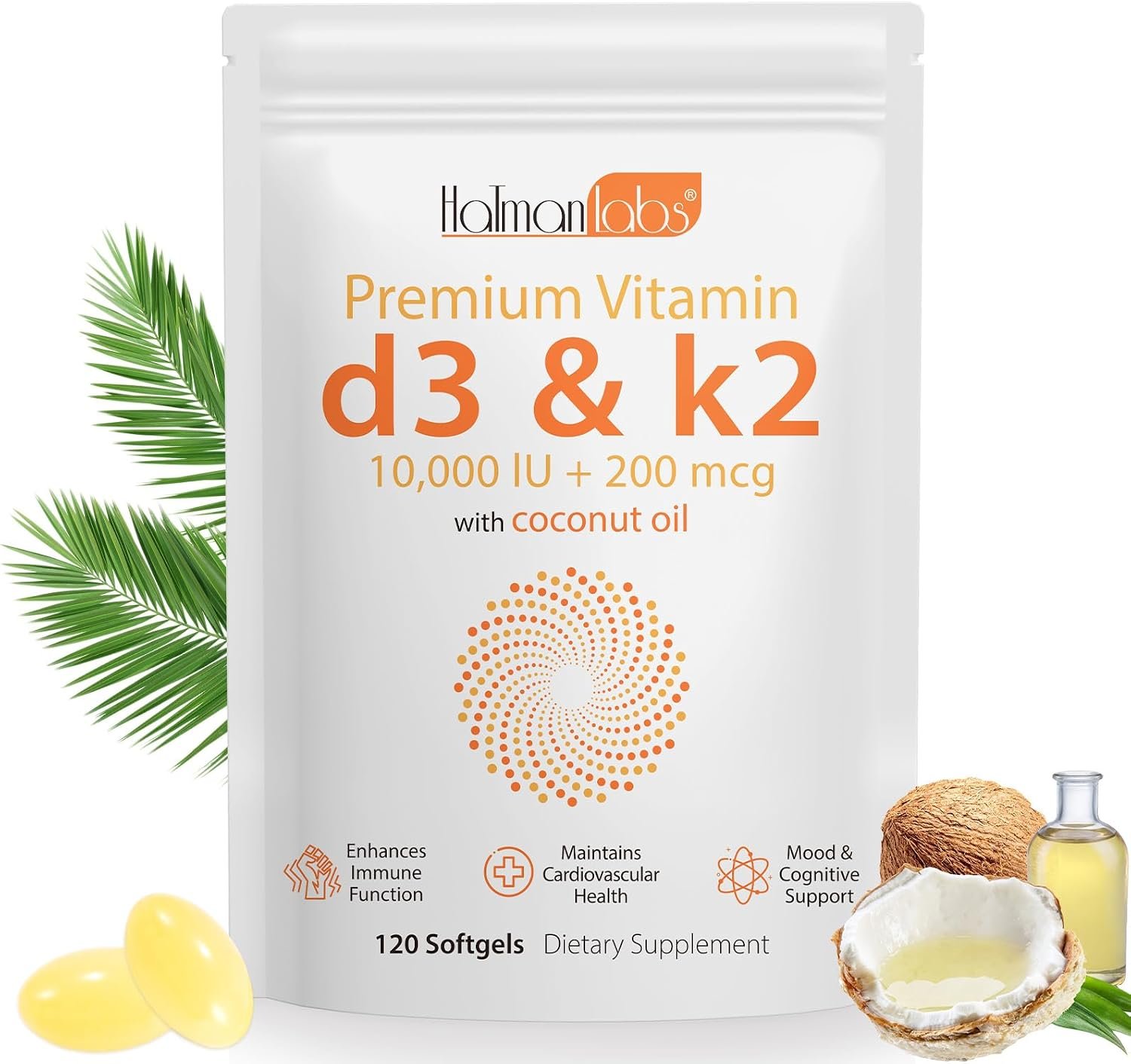 Vitamin D3 K2 Supplement Softgel, Vitamin D3 K2 Softgel with 10000 IU Supports Immune, Heart, Teeth & Bone Health, Free of GMO, Gluten, Soy, 120 Softgels