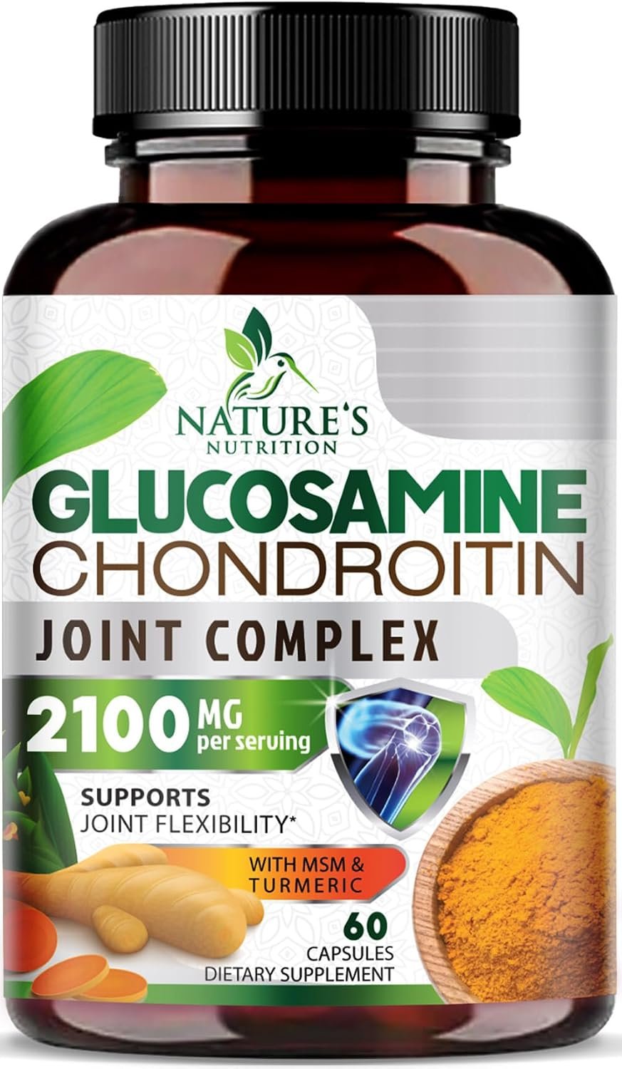Nature’s Nutrition Glucosamine Chondroitin MSM Capsules – Triple Strength Joint Health Support Supplement with Turmeric & Boswellia – Joint Flexibility Support Easy to Swallow Capsules – 60 Count
