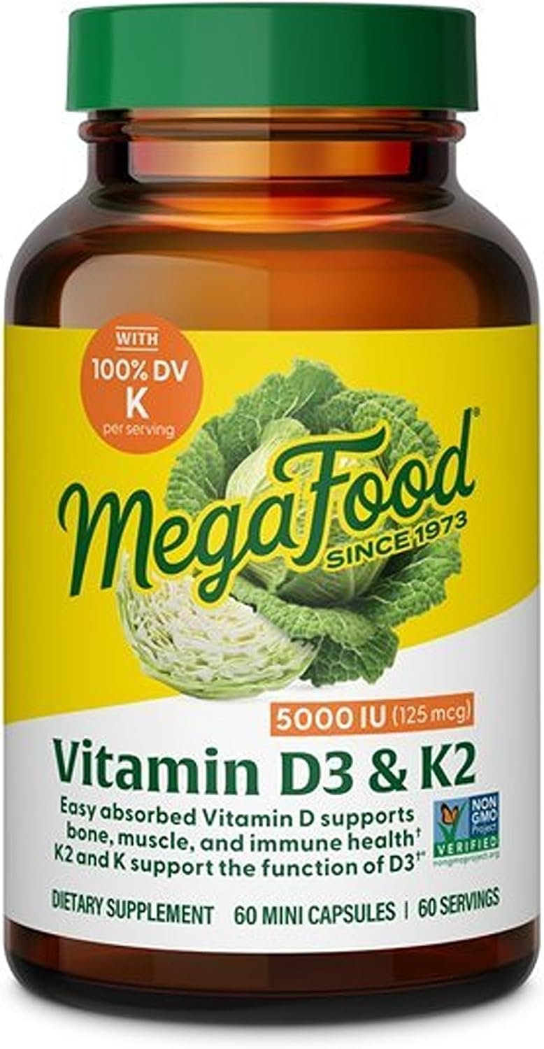 MegaFood Vitamin D3 & K2 5000 IU (125 mcg), 60 Mini Capsules | Supports Bone, Teeth, Muscle & Immune Health, Vitamin K2 & K Support the Function of D3, Non-GMO, Vegetarian, 60 Servings
