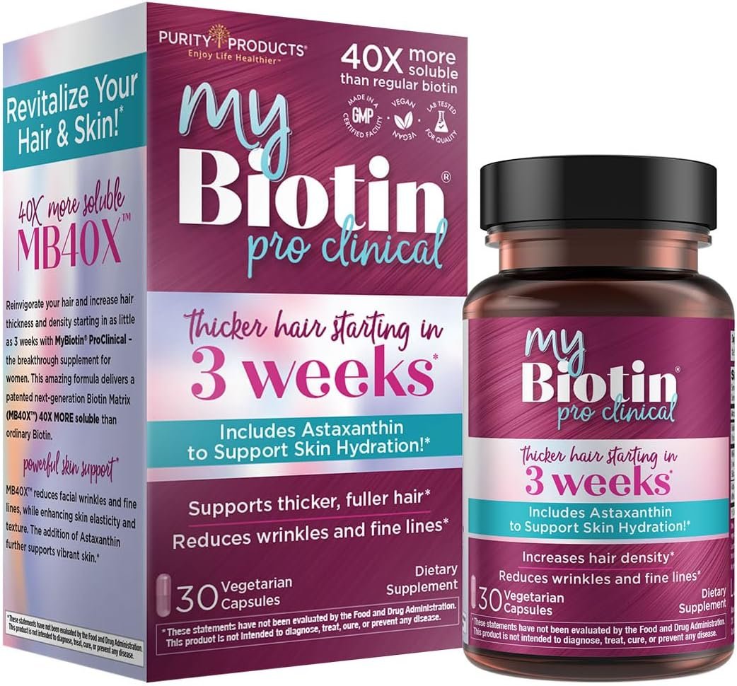Purity Products – MyBiotin ProClinical – Thicker Hair in 3 Weeks & Fights Wrinkles – MB40X Patented Biotin Vitamin B7 Matrix w/Astaxanthin – 40X More Soluble vs Ordinary Biotin, 30 Veg Capsules