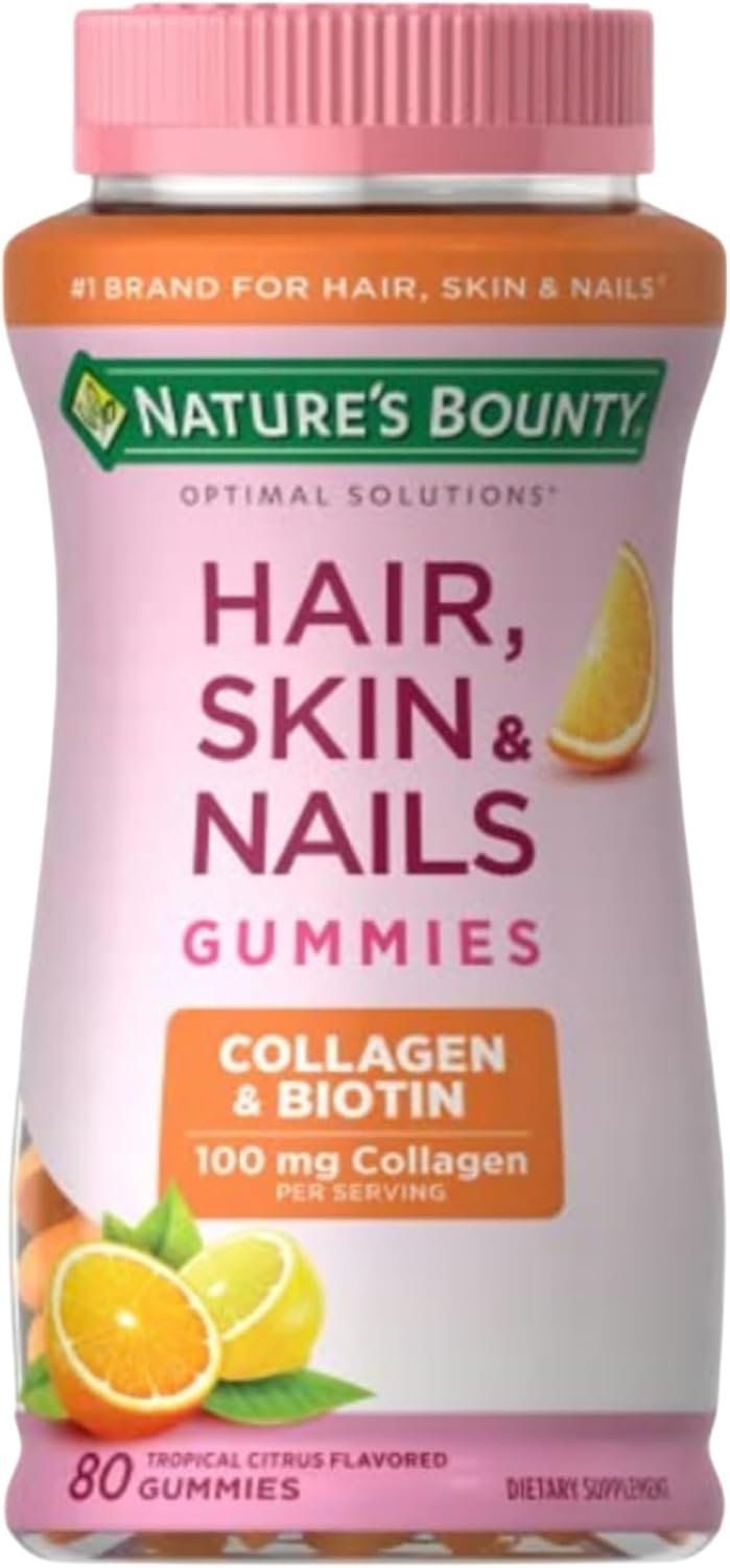 Nature’s Bounty Optimal Solutions Hair, Skin & Nails with Biotin & Collagen | Citrus-Flavored Gummies Vitamin Supplement, 2500mcg, 80 Count, 40 Total Servings