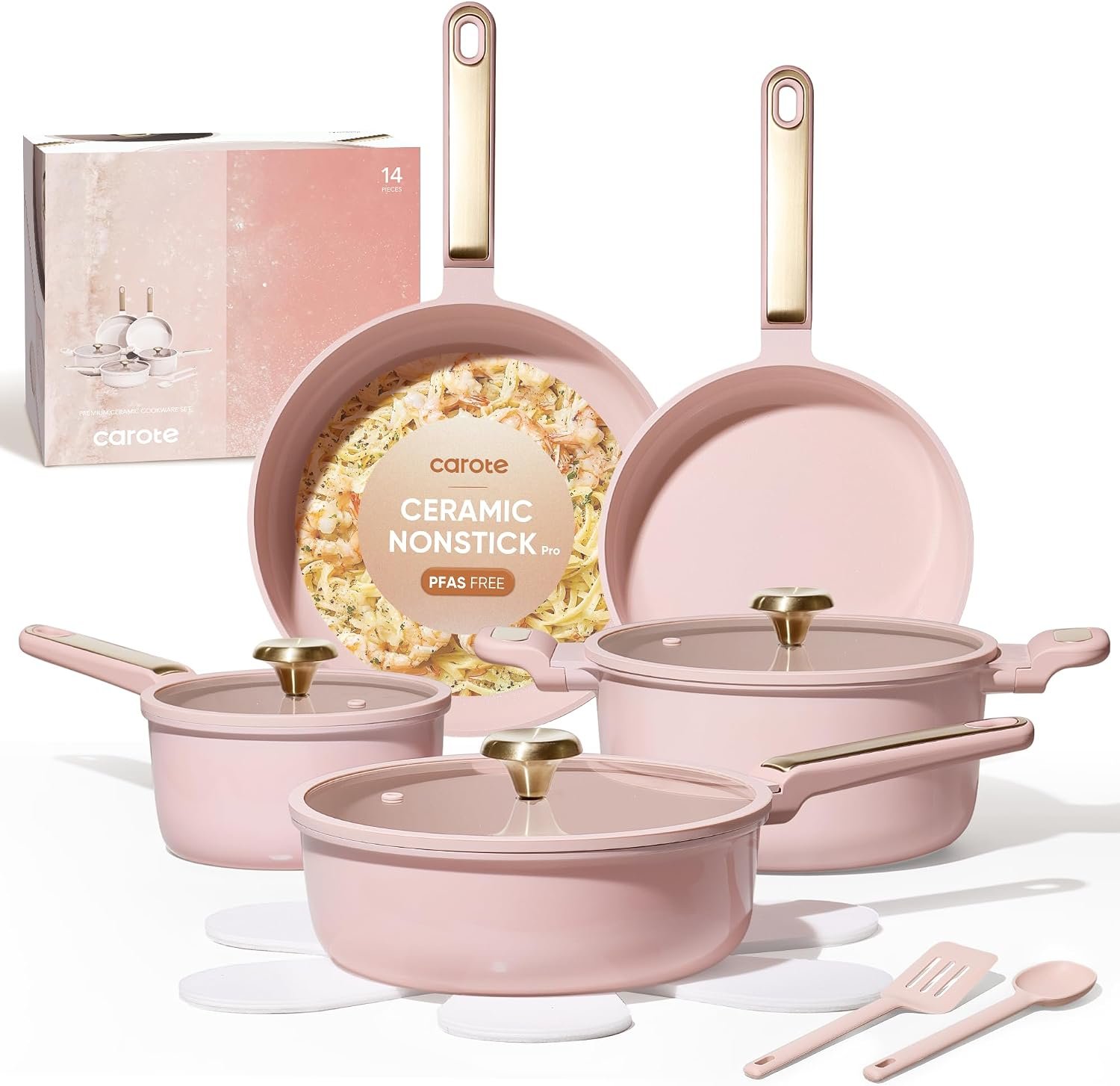 CAROTE Pots and Pans Set, Ceramic Cookware Set, 14pcs | Healthy Cooking Set, Non-Toxic Induction, Ultra Durable, Easy Clean, Induction Compatible, with Silicone Lids, PFAS FREE