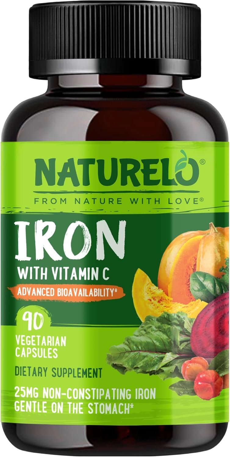 NATURELO Vegan Iron Supplement with Vitamin C and Organic Whole Foods – Gentle Iron Pills for Women & Men with Iron Deficiency Including Pregnancy, Anemia and Vegan Diets – 90 Mini Capsules