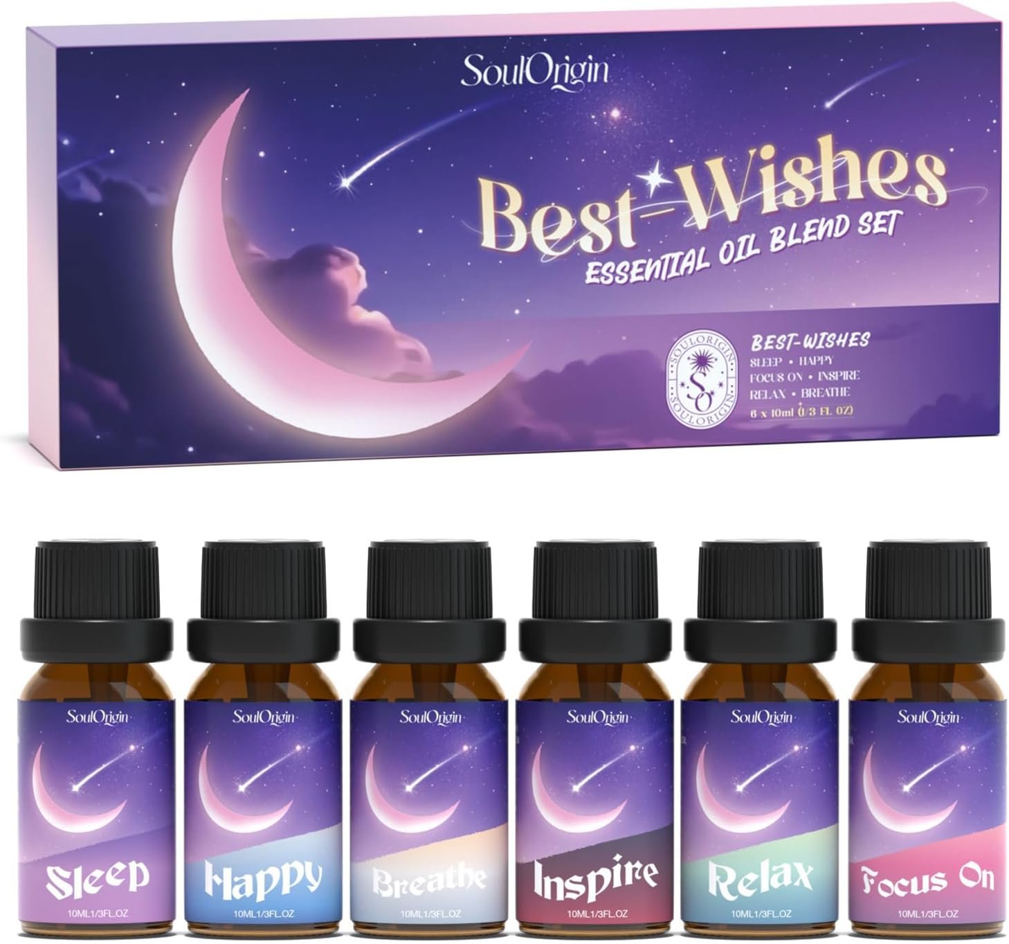 Soulorigin Essential Oil Blends, Essential Oils for Diffusers for Home, Best-Wishes Kit Scent Diffuser Oil, Use for Soap Candle Making- Sleep, Happy, Breathe, Inspire, Relax, Focus On