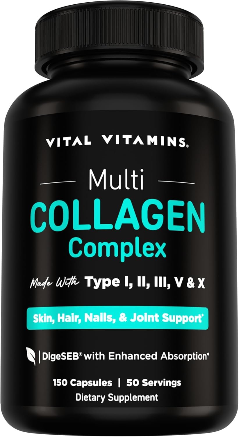Vital Vitamins Multi Collagen Peptides Complex for Women & Men, 150 Pills | Supports Skin, Hair & Nails, 5 Collagen Types I II III V & X, Grass-Fed Non-GMO Collagen Supplements