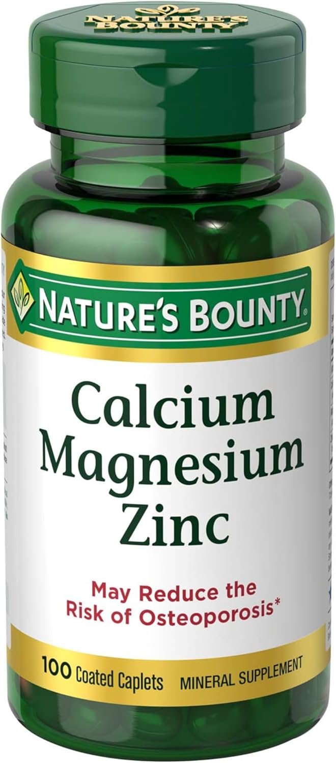 Nature’s Bounty Calcium Magnesium & Zinc Caplets, 100 Count | Immune & Bone Health, Daily Supplement, 1000mg Calcium, 400mg Magnesium, 600 IU Vitamin D, Gluten Free
