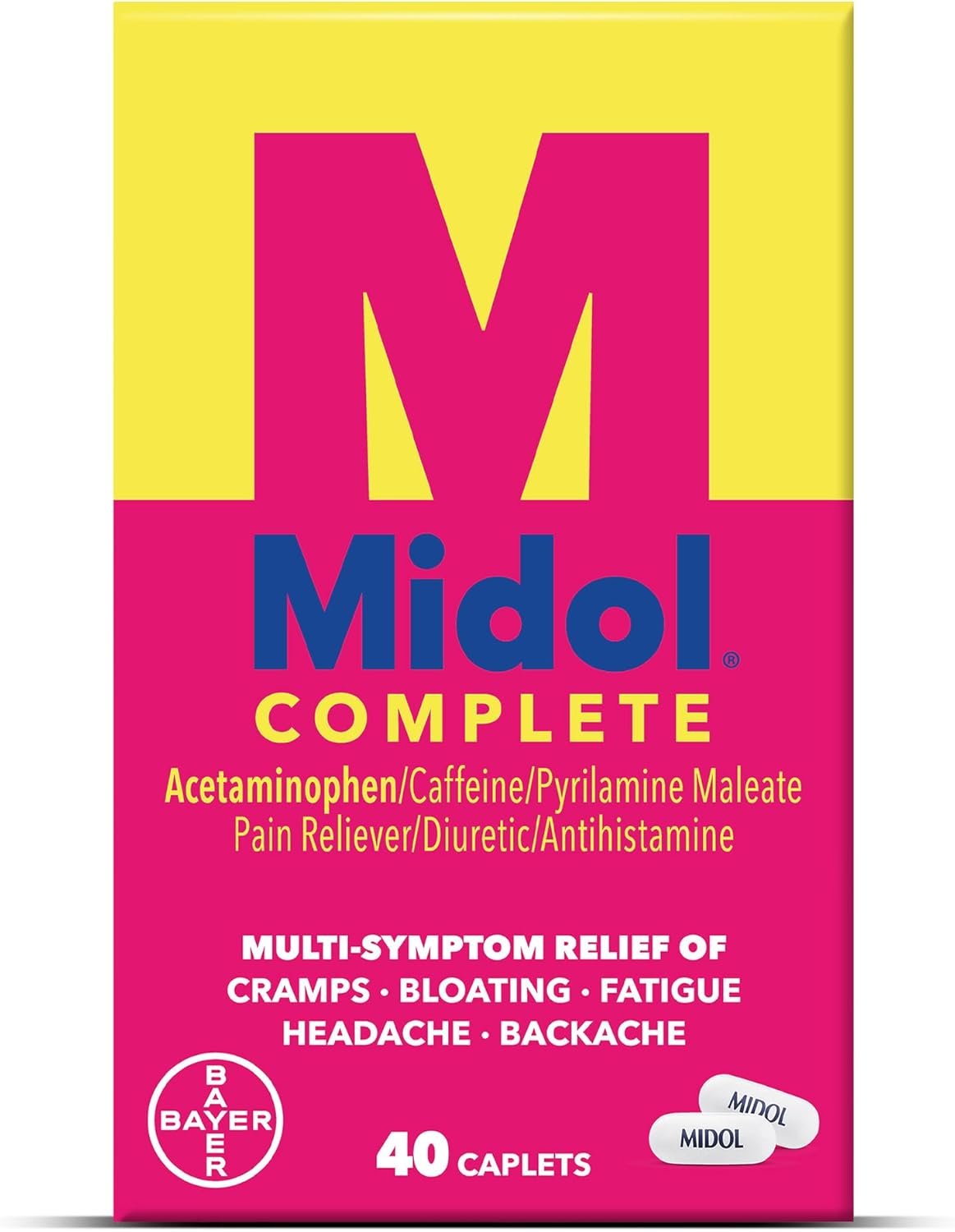 Midol Complete Menstrual Pain Relief Caplets, 40 Count – Provides Cramp, Headache, and Bloating Relief