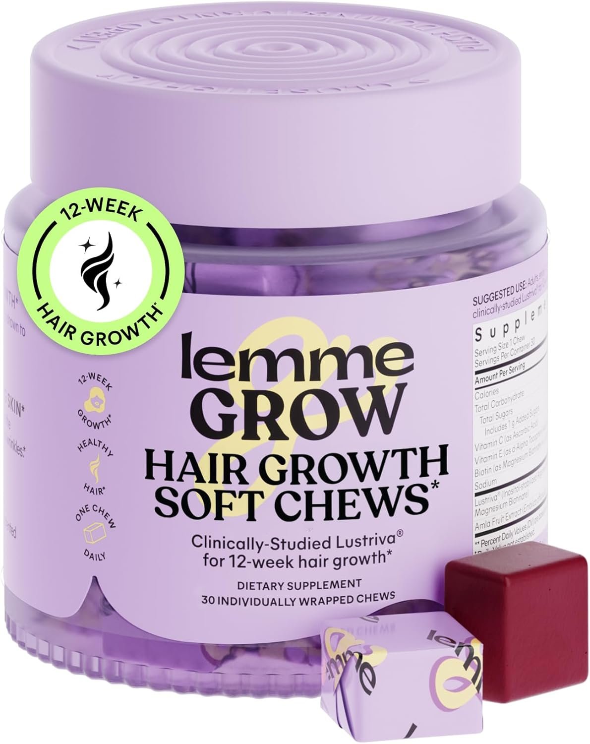 Lemme Grow Hair Growth Booster Soft Chews w/Vitamins, 30-Day Supply | Vitamins for Women and Men with Clinically Studied Lustriva and Biotin, Promotes Thicker, Fuller, Stronger Hair, Mixed Berry