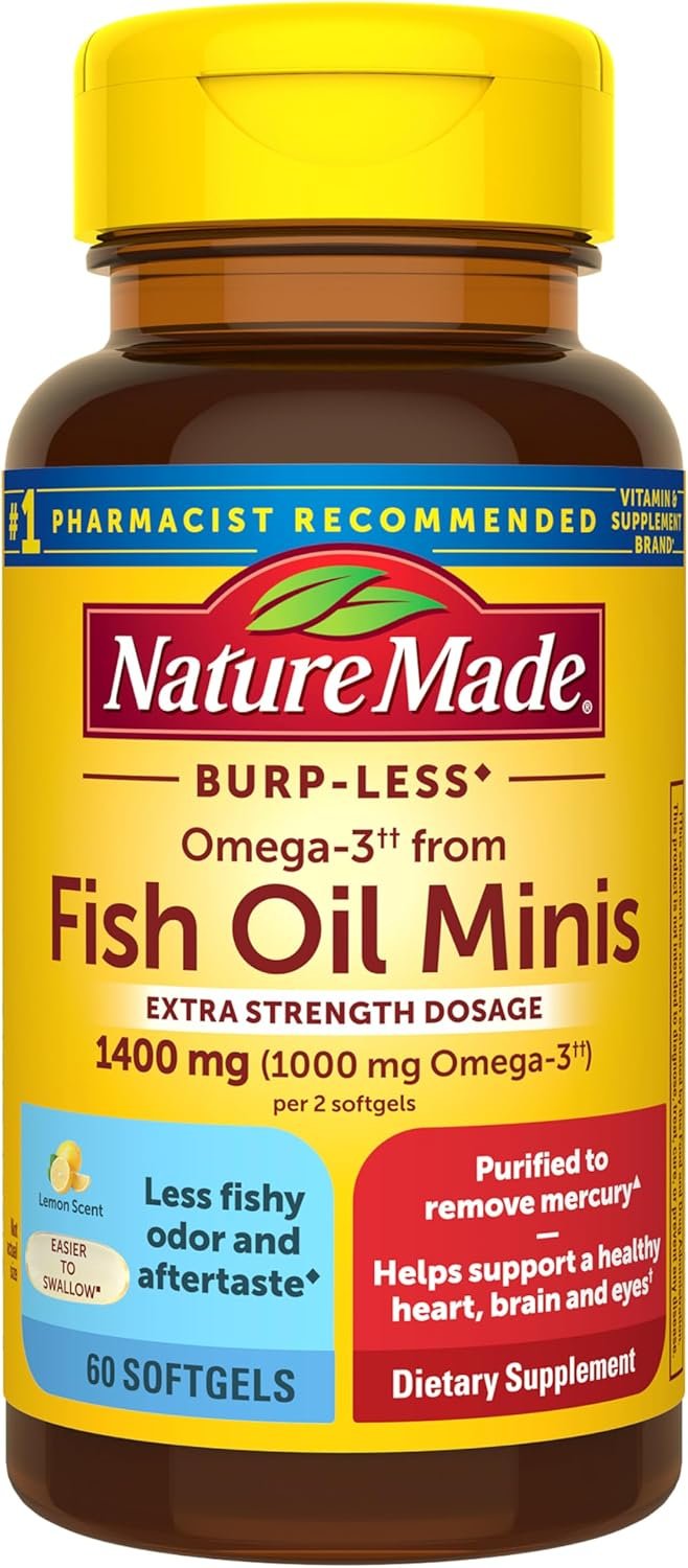 Nature Made Burp Less Fish Oil Omega 3, 1400 mg Minis, 60 Softgels | Extra Strength Dosage Omega 3 Supplements, Omega 3 Fish Oil as Ethyl Esters for Healthy Heart, Brain, Eye Support, 30 Days