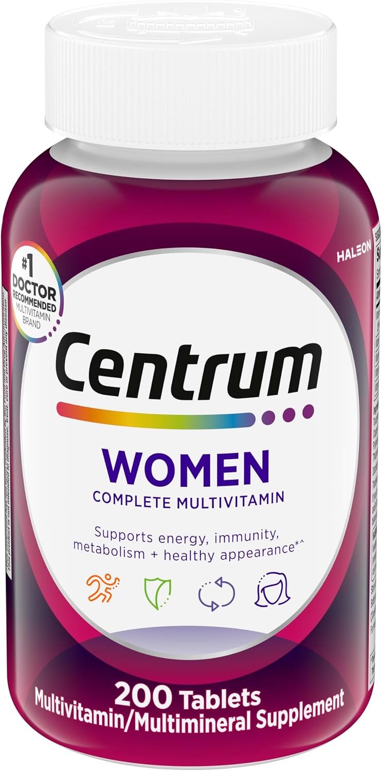 Centrum Multivitamin for Women 18 and Over, 200 Tablets | Contains Vitamin D3, B Vitamins and Antioxidant Vitamins C and E, Gluten Free, Non-GMO Ingredients, GLP-1 Support
