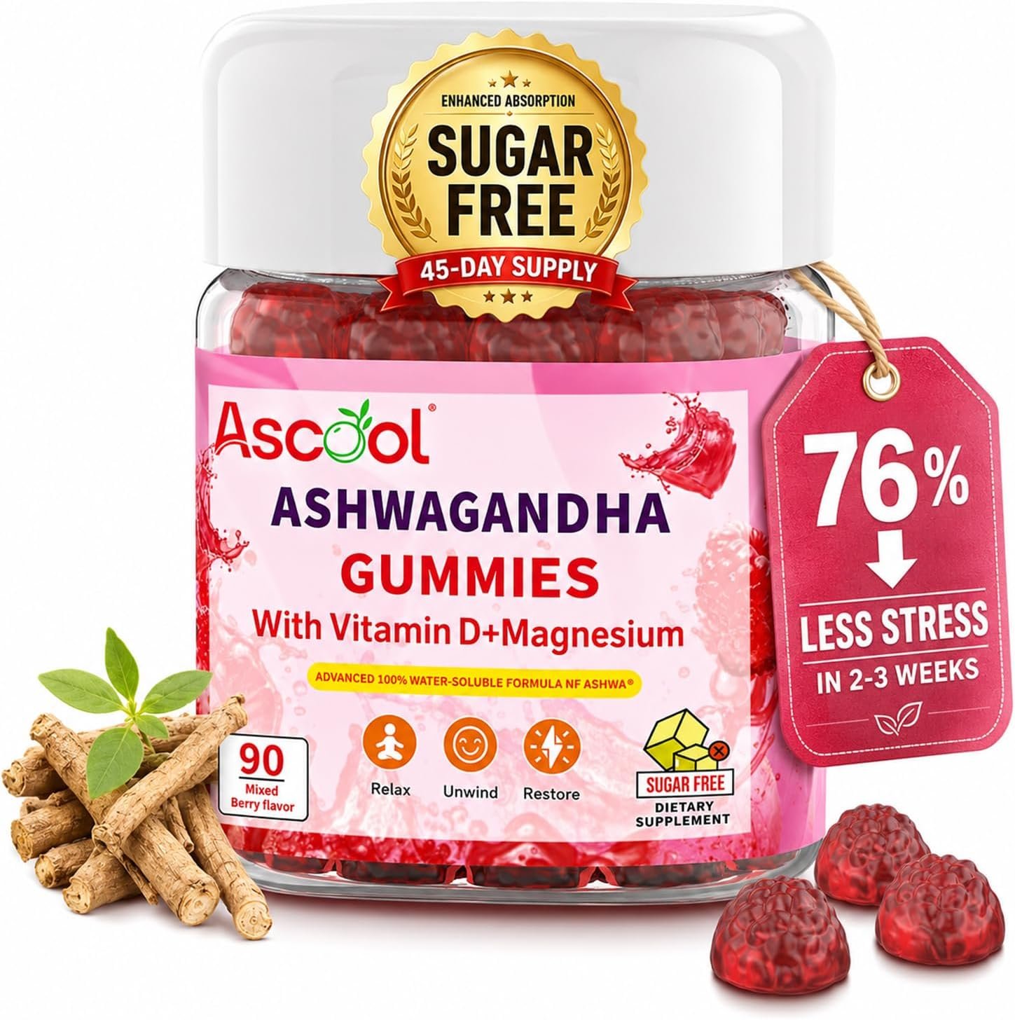 Ashwagandha Gummies for Calm &Stress Relief | With Magnesium + Vitamin D, Sugar-Free ，90 Count, Vegan, Daily Ashwa Supplements