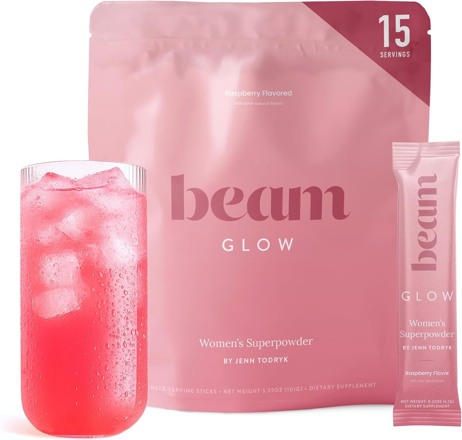 BEAM Glow Hormone Support & Cortisol Supplement for Women – Daily Vitamins for Women with Ashwagandha, Selenium, Zinc, Vitamin A, for Cycle Health, Mood & Energy, Raspberry, 15 Servings