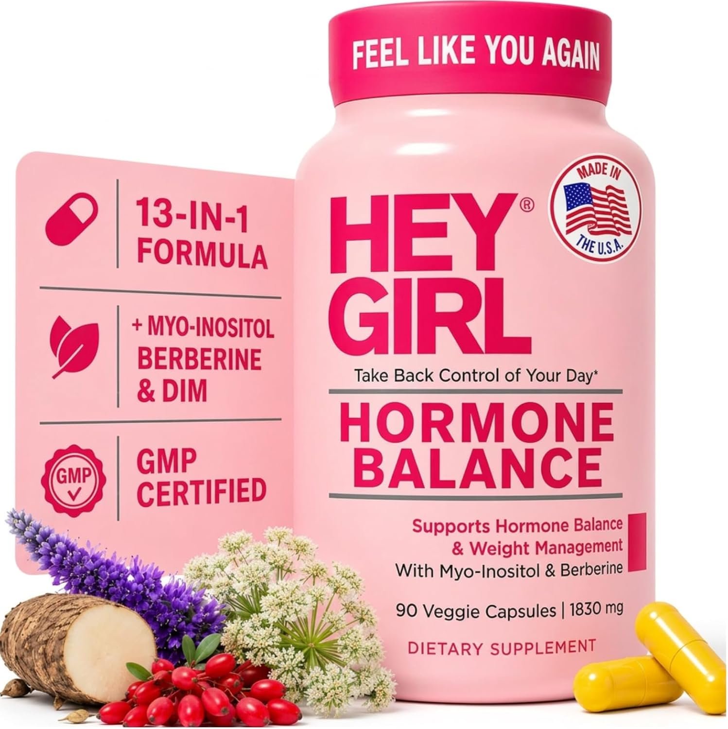 Hey Girl Hormone Balance for Women – DIM, Myo-Inositol & Berberine Supplement for Menopause, Perimenopause, PMS & PCOS Support – Mood, Energy & Cycle Support with Maca & Black Cohosh, 90 Capsules