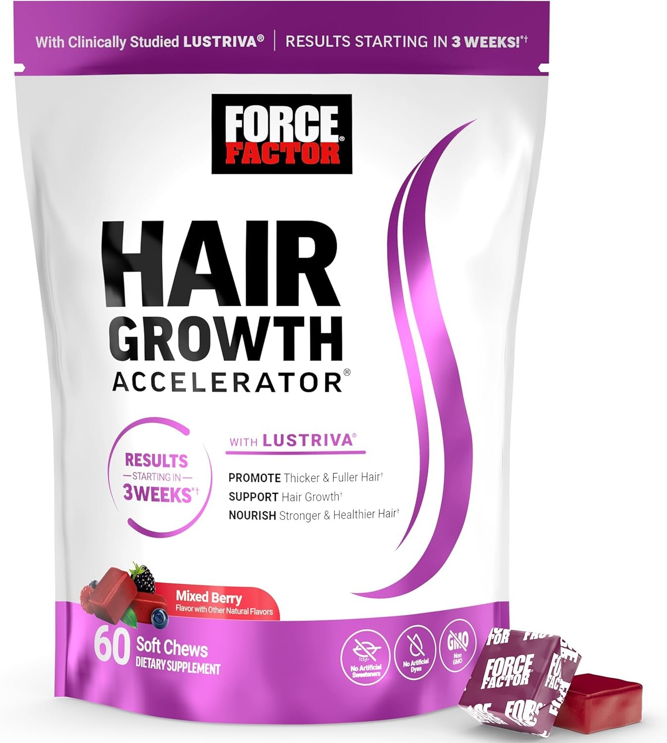 Force Factor Hair Growth Accelerator Soft Chews with Lustriva | Hair Growth Vitamins for Women & Men with Clinically Studied Lustriva & Biotin for Thicker, Fuller Hair, 60 Soft Chews