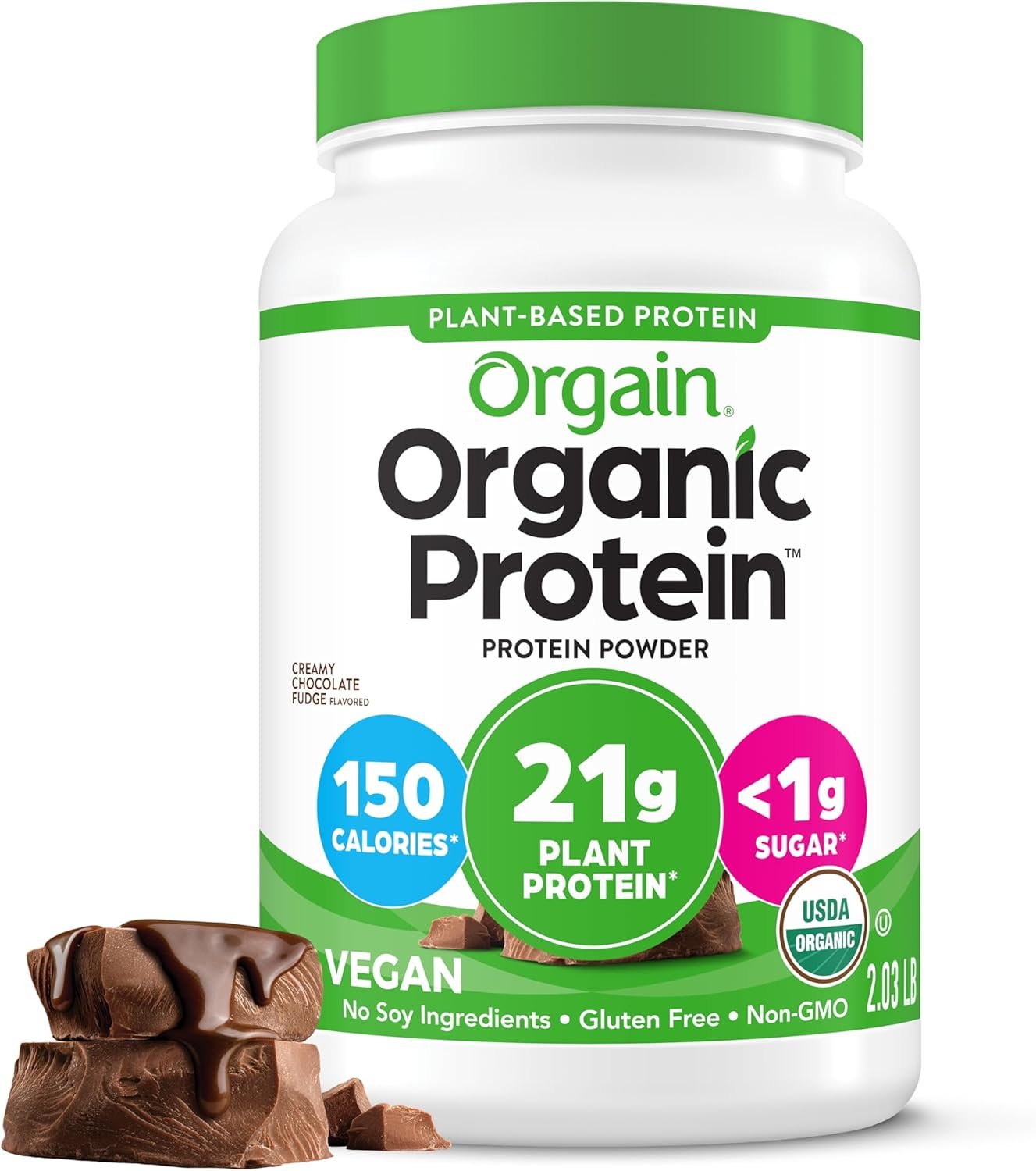 Orgain Organic Vegan 21g Protein Powder, Creamy Chocolate Fudge, 2.03 lb | Plant based protein, 7g prebiotic fiber, low net carb, no added sugar or lactose ingredients, non-GMO, for shakes & smoothies