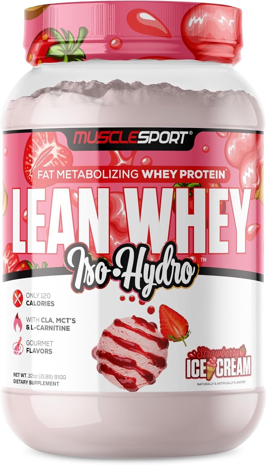 MuscleSport Lean Whey Revolution™ Protein Powder – Whey Protein Isolate – Low Calorie, Low Carb, Low Fat, Incredible Flavors – 25g protein per scoop (2LB, Strawberry)