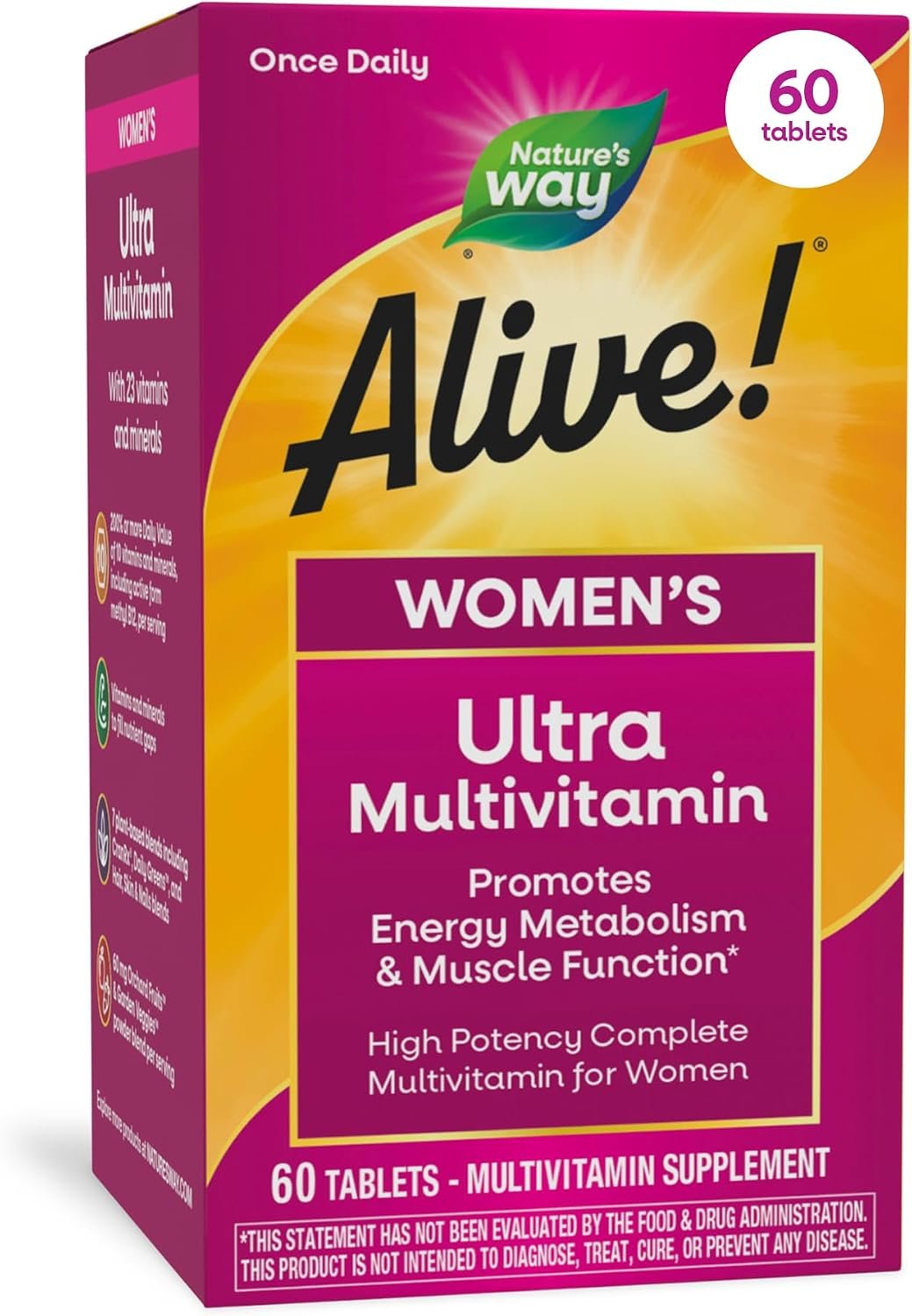 Nature’s Way Alive! Women’s Ultra Multivitamin, High Potency, 60 ct | Complete Daily Women’s Vitamins, Promotes Energy Metabolism and Muscle Function*, Vitamin A, C, D, Methylated B12