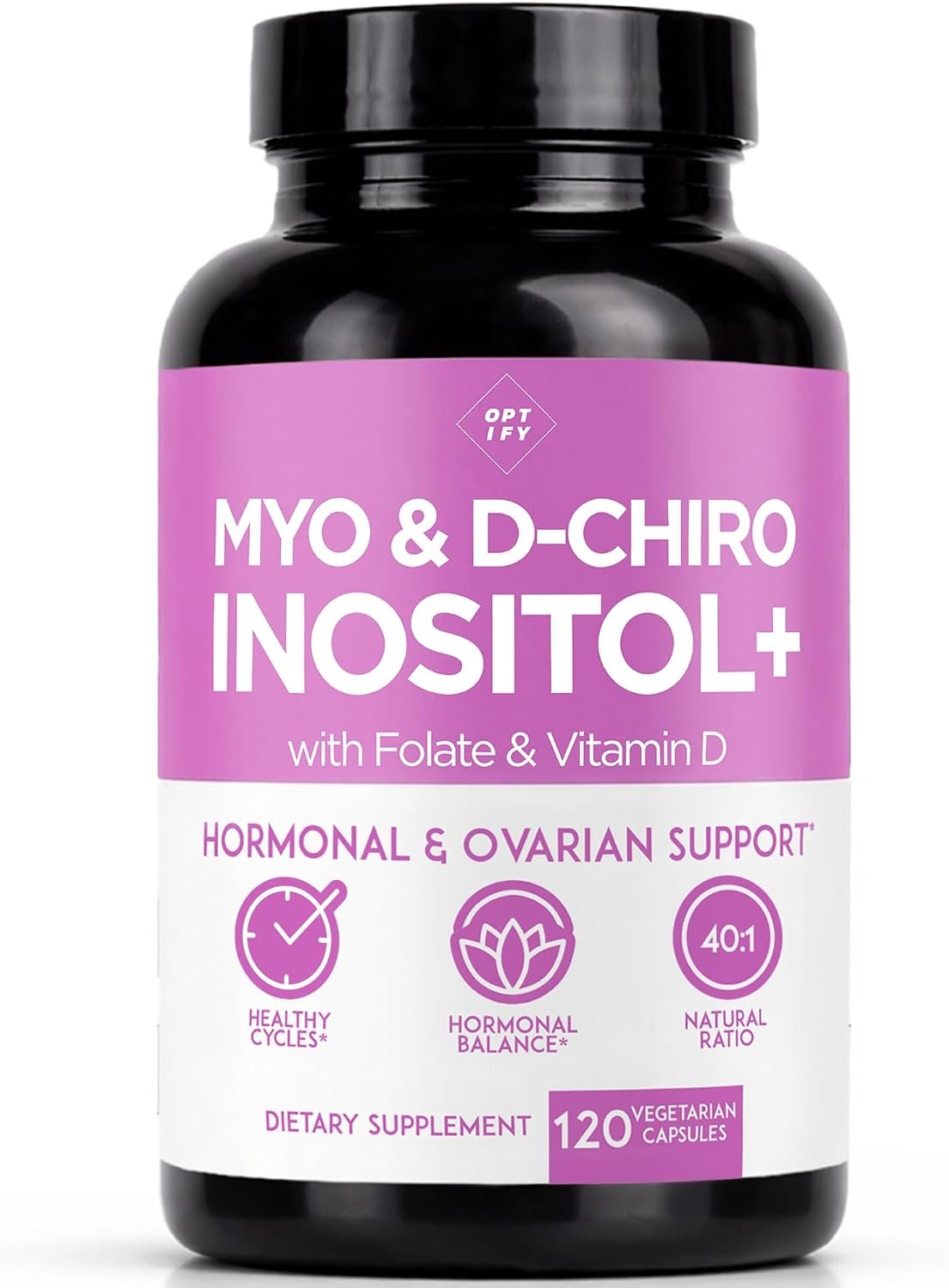 Optify Myo-Inositol & D-Chiro Inositol Supplement for Women | 40:1 Ratio Plus Folate and Vitamin D | Support Healthy Hormonal Balance, Regular Cycles, & Ovarian Health (120 Count (Pack of 1))