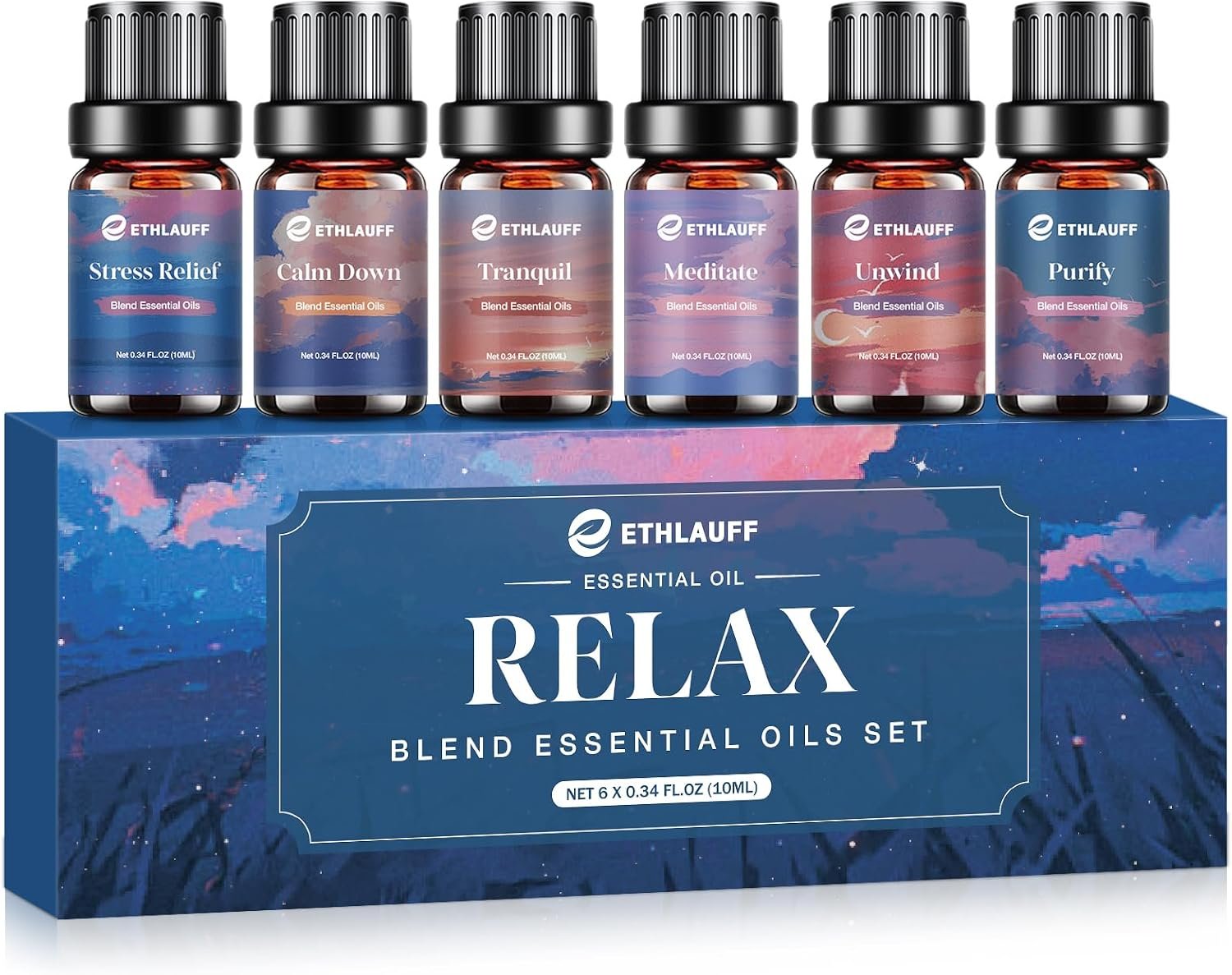 Relax Eessential Oils Set, Diffuser Oil for Home, Humidifiers, Candle Making, Aromatherapy – Stress Relief, Calm Down, Tranquil, Meditate, Unwind, Purify, 6x10ml