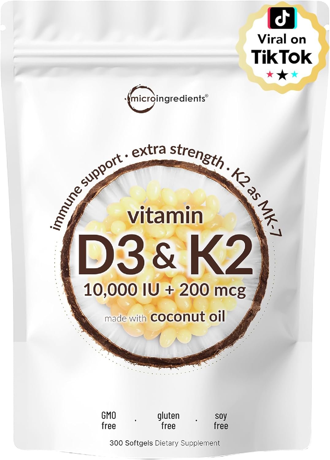 Micro Ingredients Vitamin D3 K2 MK-7 10,000 IU Per Serving, 300 Softgels | Made with Virgin Coconut Oil, K2 200 mcg Per Serving. D3 & K2 Vitamin Supplement. Easy-to-Swallow. Non-GMO, Gluten Free.