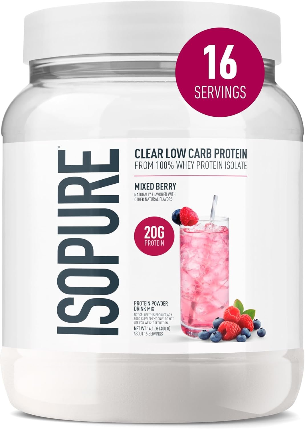 Isopure Clear Whey Isolate Protein Powder, Lactose Free, Gluten Free, Naturally Flavored, Mixed Berry, 20g Protein Per Serving, 14.1 Oz, 16 Servings (Packaging May Vary)