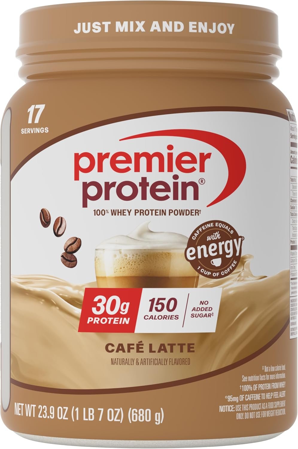 Premier Protein 30g High Protein Powder, 100% Whey, Café Latte, 17 Servings | 95mg Caffeine, No Added Sugar, Supports Muscle Health, Gluten-Free, 23.9 oz