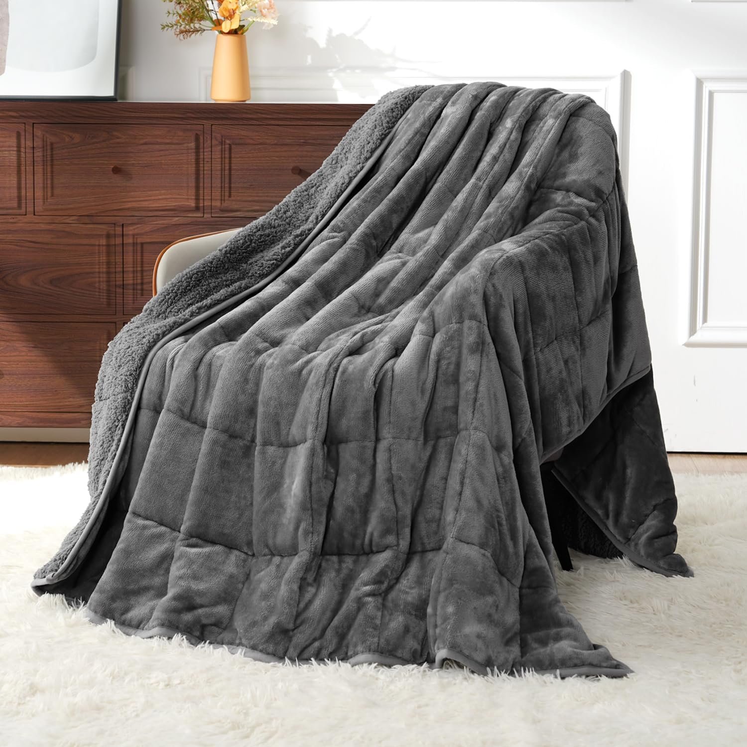 Uttermara Weighted Blankets for Adults Queen Size, 15lbs 60×80 Inches | Soft Plush Flannel Weighted Throw Blanket, Warm Cozy Sherpa, Washable Heavy Throw for Sleeping, Calming And Relaxing, Grey