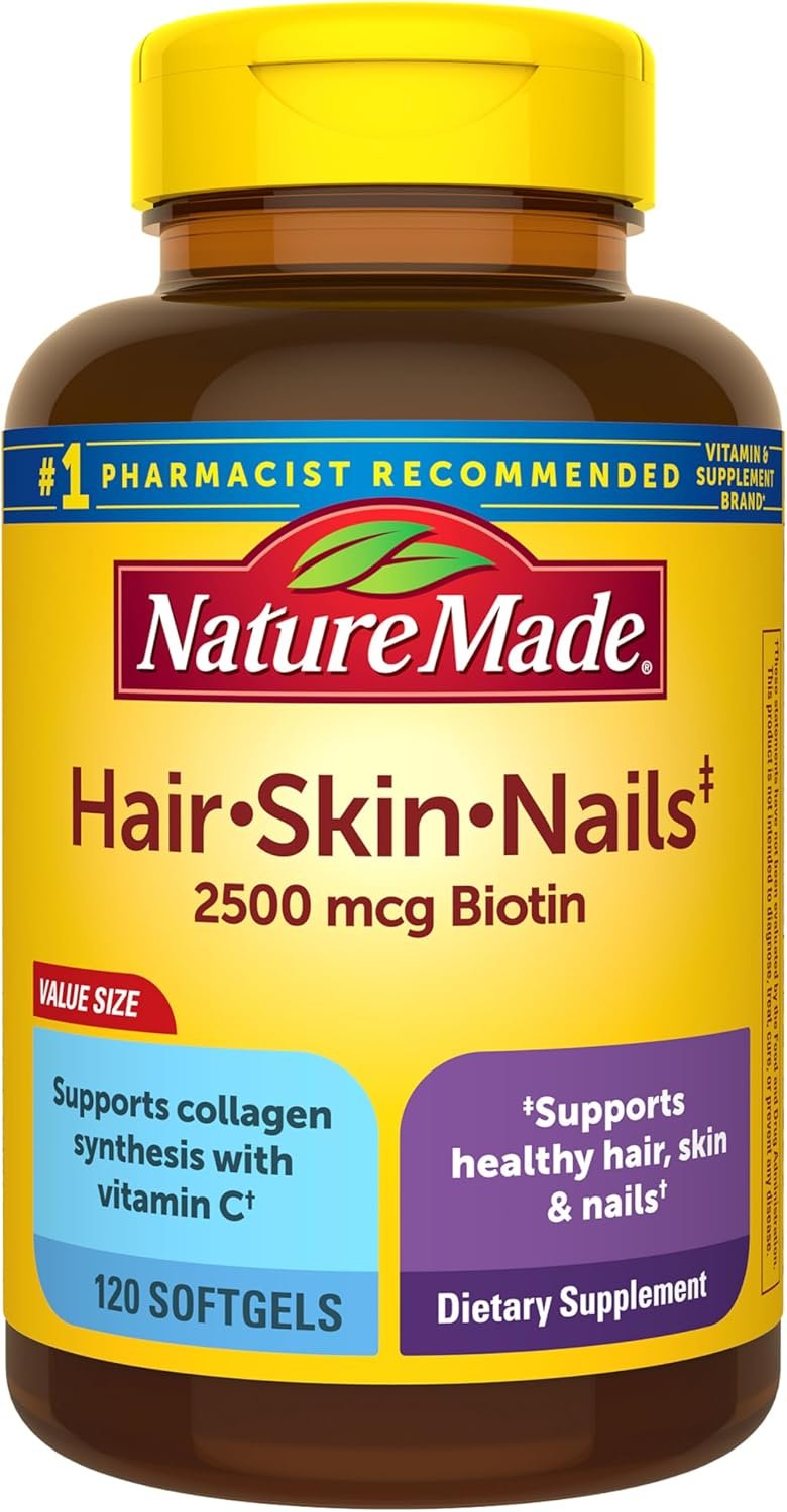 Nature Made Hair Skin and Nails with Biotin 2500 mcg, 120 Softgels | Dietary Supplement For Healthy Hair Skin and Nails Support, Vitamin C and Vitamin A Help Support Healthy Skin, 120 Day Supply