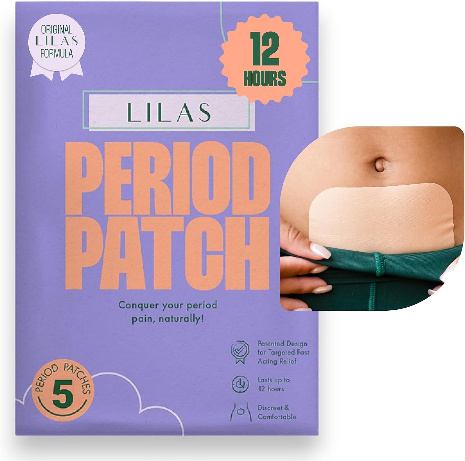 LILAS Period Cramps Pain Relief Patch, 5 Pack | Instant Relief for Menstrual Cramp, PMS, Endometriosis & PCOS | 12-Hour Comfort | Natural & Vegan Topical Patches | Trusted Formula & Upgraded Design