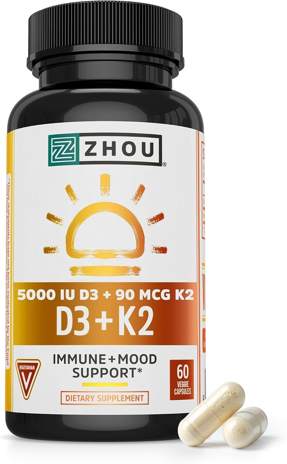 Zhou D3+K2 Supplement – 60 Veggie Capsules (Pack of 1) | Vitamin D3 K2 Supplement for Women & Men, Immune Support Vit D3 and K2 Supplements