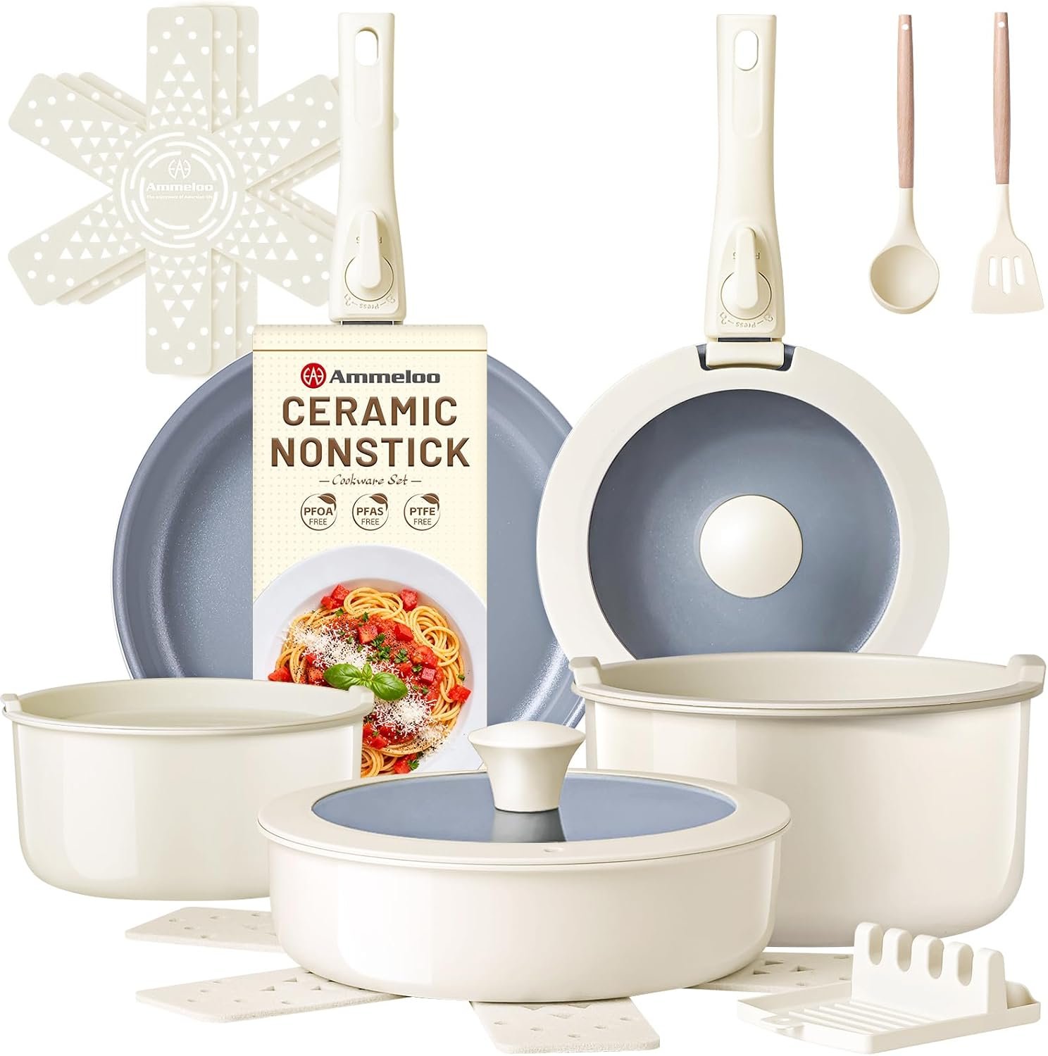 18-Piece Ceramic Pots and Pans Set Non Stick, Non Toxic Cookware Set with Removable Handles, Pot Sets for Cooking, Induction Ready, Dishwasher & Oven Safe, PFAS PFOA & PTFE Free (Cream White)