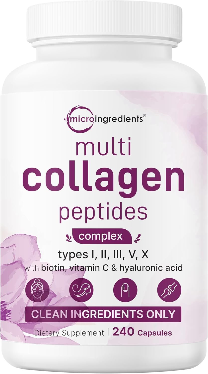 Micro Ingredients Multi Collagen Peptides Pills, 240 Capsules | For Women & Men. Type I, II, III, V, X. Hydrolyzed Collagen Supplement with Biotin, Hyaluronic Acid & Vitamin C. Filler Free.