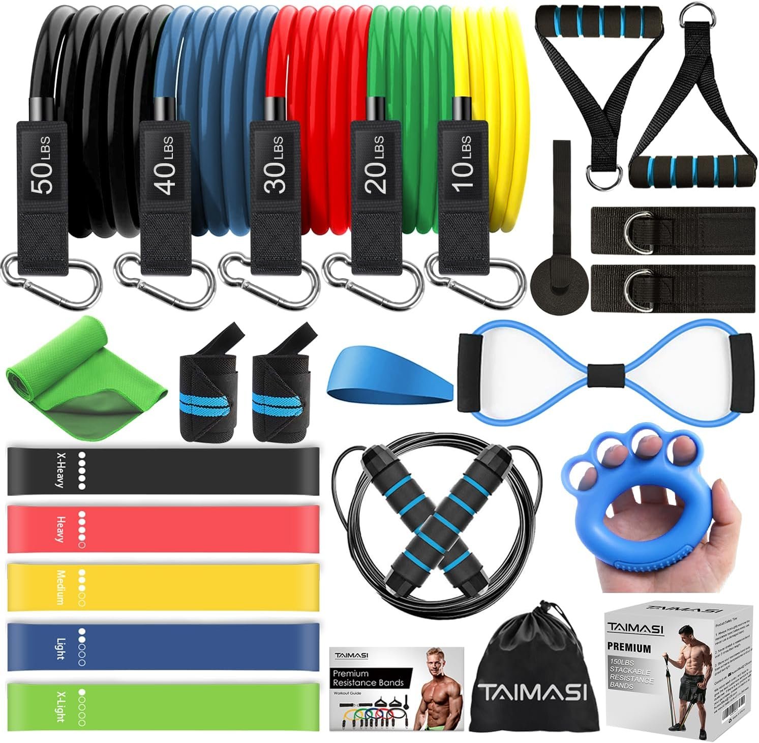 23Pcs Stackable Resistance Bands Set with Handles Up to 150 Lbs | 5 Exercise Bands with Handles, 5 Resistance Loop Bands, Jump Rope, Figure 8 Resistance Band, Headband, Cooling Towel