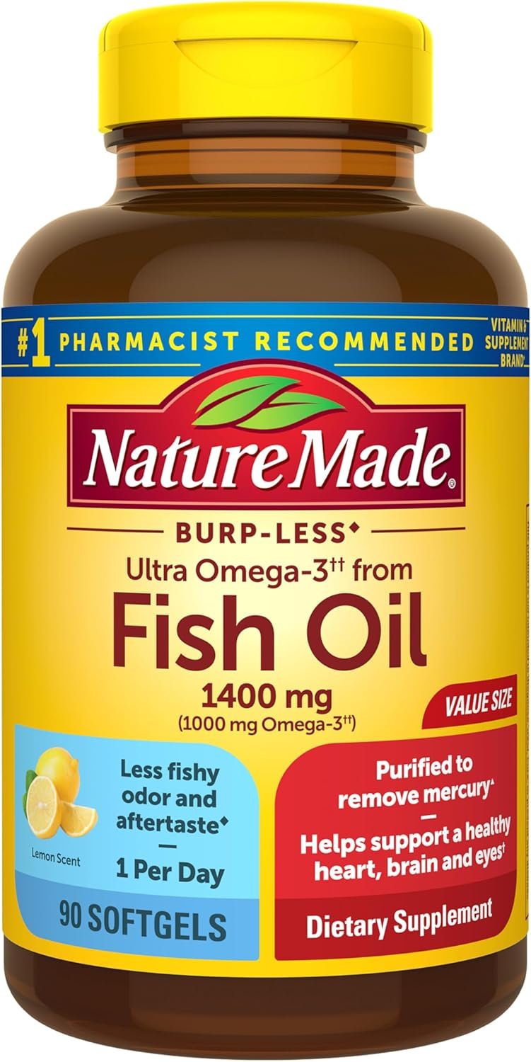 Nature Made Burp Less Ultra Omega 3 Fish Oil 1400mg Softgels, 90 Softgels | Fish Oil Omega 3 Supplements as Ethyl Esters for Healthy Heart, Brain and Eye Support, One Per Day, 90 Day Supply