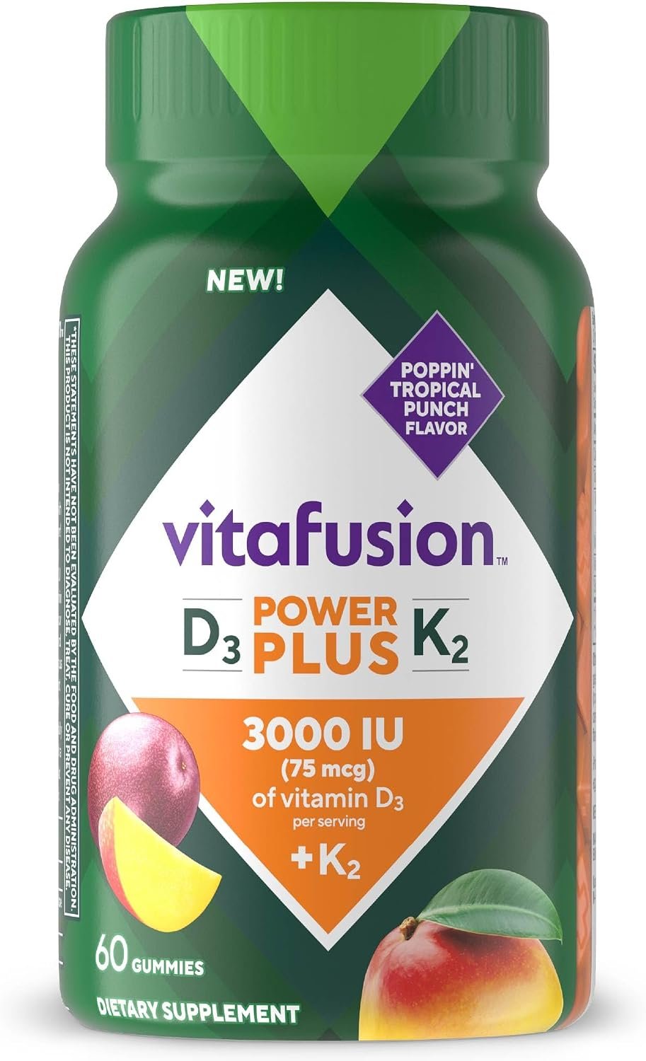 Vitafusion Power Plus Vitamin D3 K2 Gummies | 3000 IU Vitamin D | 60 Count | for Adult Women & Men | Tropical Punch Flavor | Gluten-Free Supplement