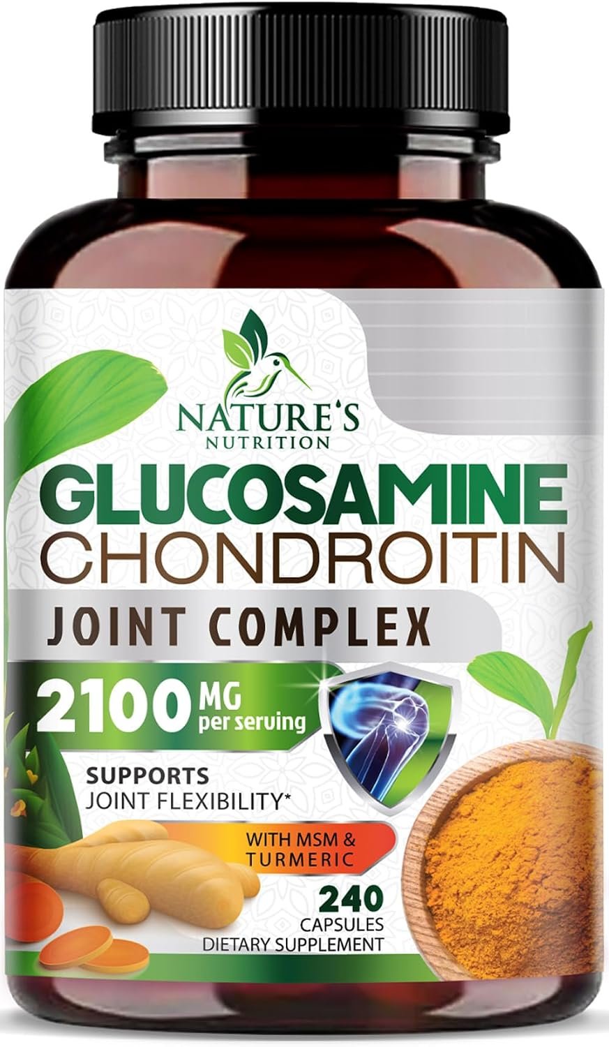 Nature’s Nutrition Glucosamine Chondroitin MSM Capsules – Triple Strength Joint Health Support Supplement with Turmeric & Boswellia – Joint Flexibility Support Easy to Swallow Capsules – 240 Count