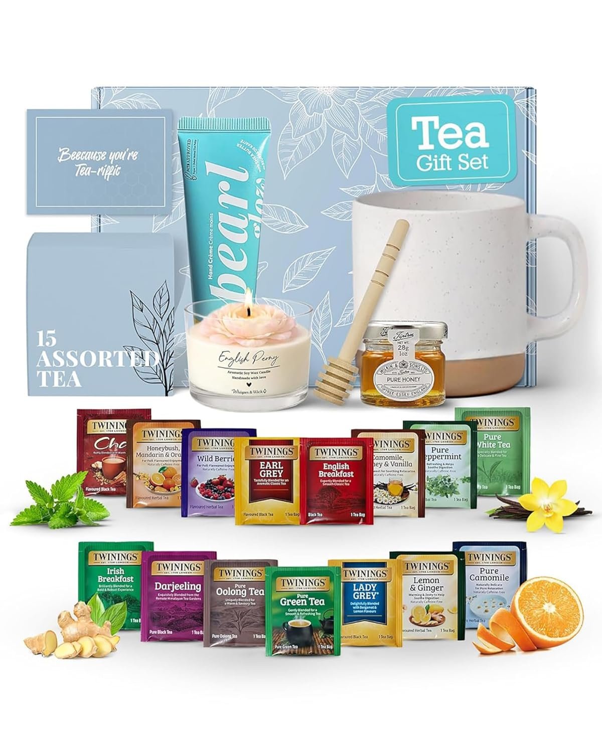 Tea Gift Set for Women – 15 Assorted Teas, Premium Ceramic Mug, Soy Wax Candle, Hand Crème & Honey | Tea Sets for Adults, Tea Gift Box for Birthday, Get Well, Self Care, Teacher