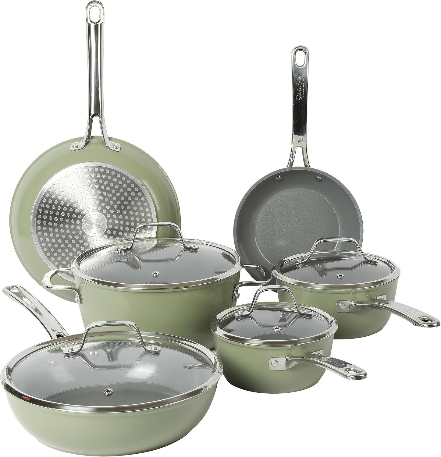 Sur La Table Kitchen Essentials 10 Piece PFA Free Non-Toxic Titanium Ceramic Nonstick Interior Forged Aluminum Cookware Pots and Pans Set – Green – Induction Compatible