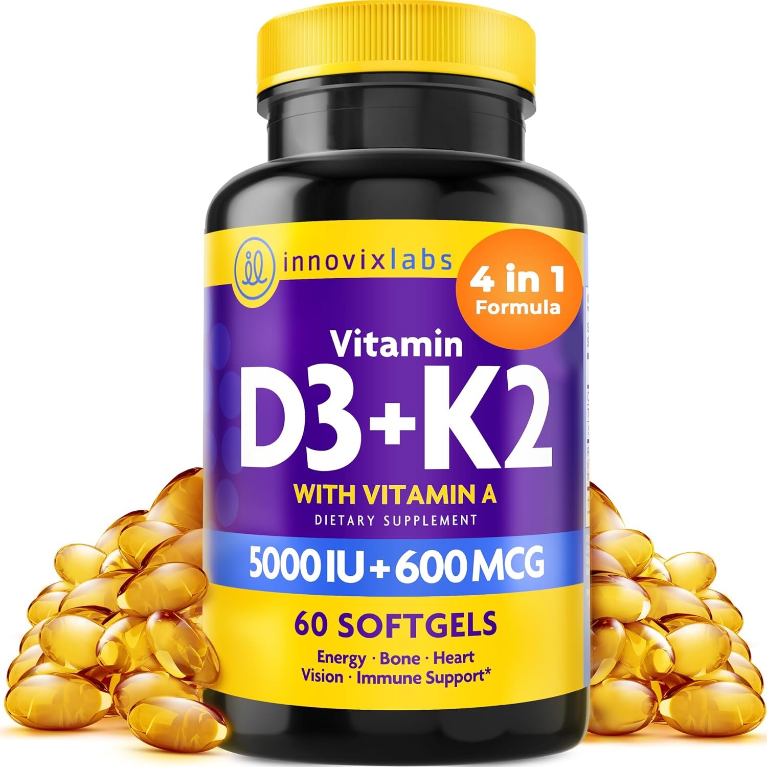 InnovixLabs D3 K2 Vitamin 5000 IU Supplement with Vitamin A (60 Softgels) | D3 5000 IU + K2 Vitamin Supplement, Max Calcium Absorption, Supports Bone, Immune & Heart Health, Gluten Free, 60-Day Supply