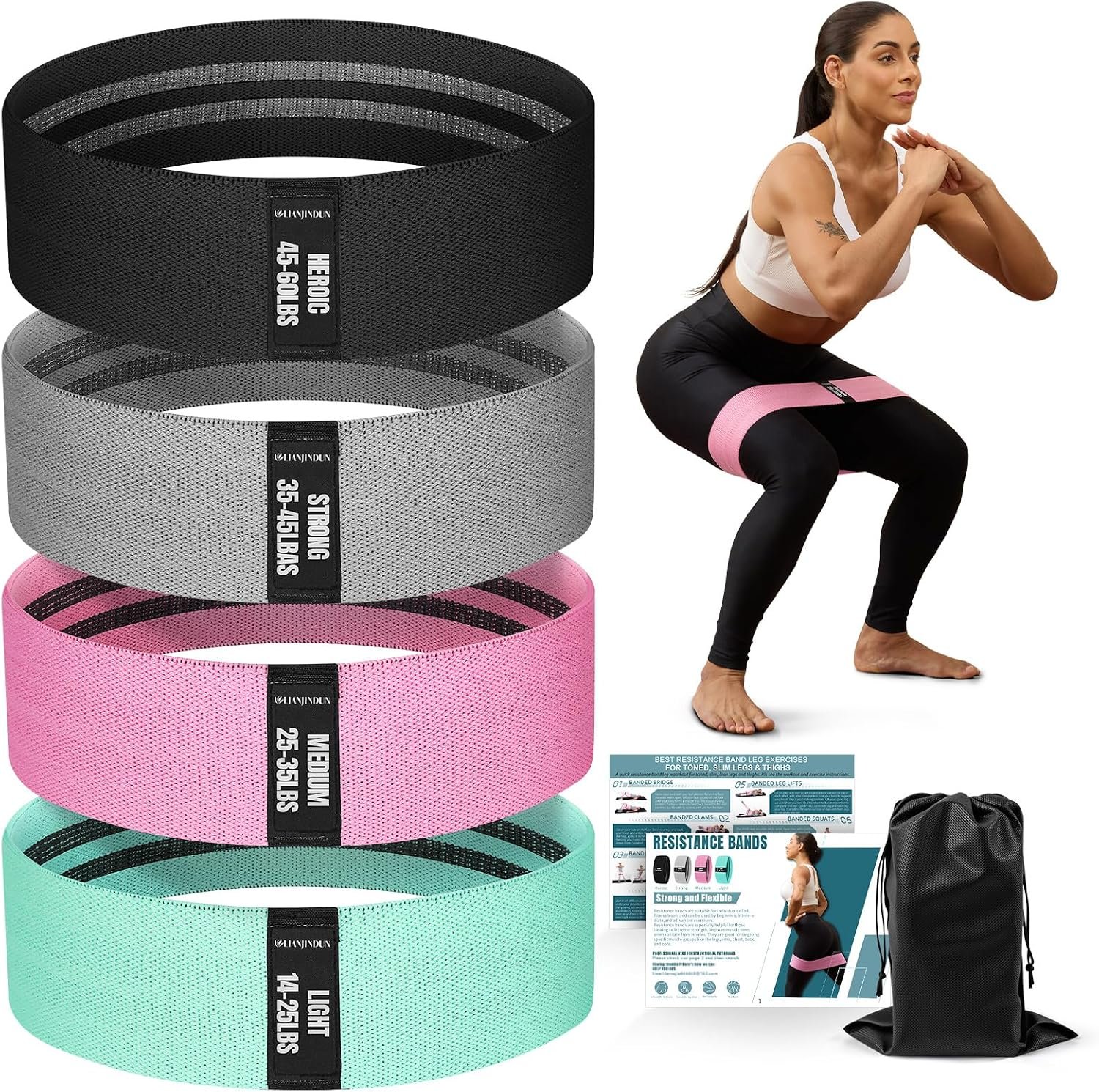Lianjindun Booty Resistance Bands for Legs & Glutes, Non-Slip Workout Set | Exercise Bands for Working Out, Pilates, Yoga, Home Gym, Booty, Leg, Heroic/Strong/Medium/Light Fabric Loops for Women Men
