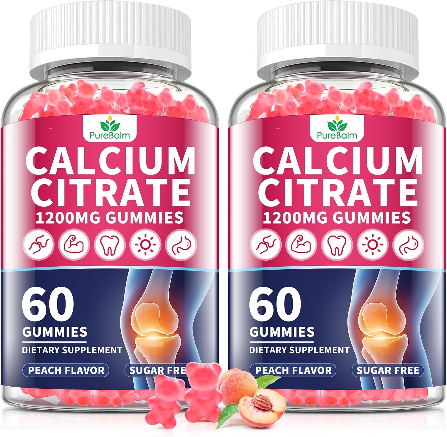 2 Pack-Calcium Citrate 1200mg Gummies for Women & Men,Pure Calcium Chews Supplement,Supports Bone,Teeth & Immune Health,High Absorption,Sugar Free,Vegan-Peach Flavor-60 Day Supply