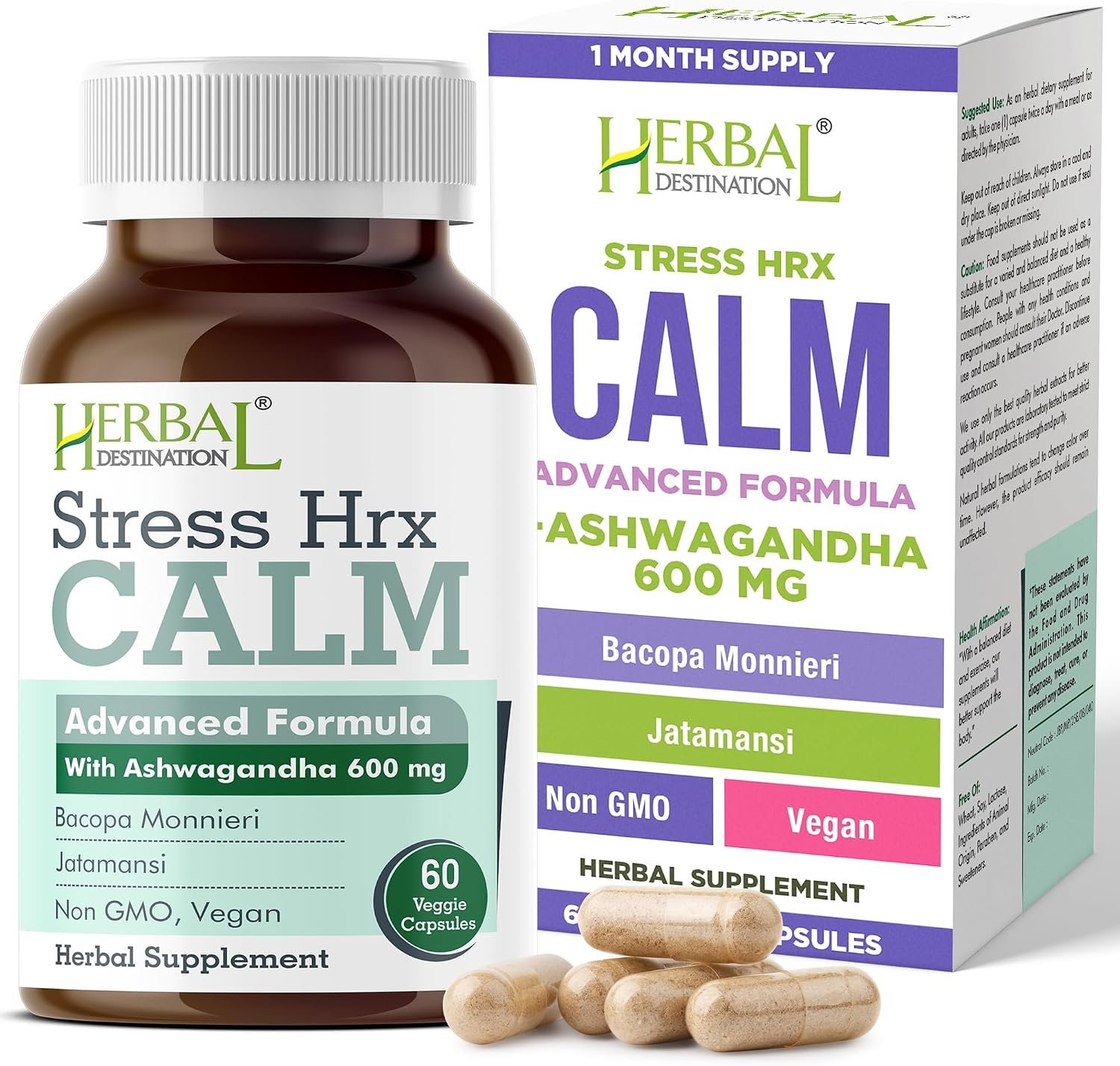 Stress Hrx Calm, Ashwagandha 600mg with Bacopa, 60 Caps | Also delivers jatamansi extract alongside the ashwagandha blend—non-GMO, vegan and made in a GMP-certified facility