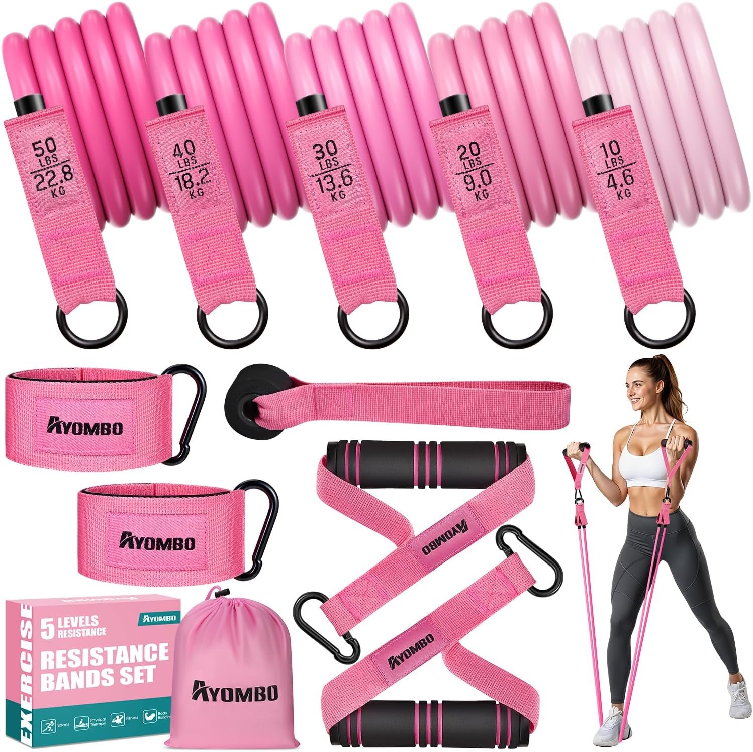 Resistance Bands with Handles for Women, 150LBS Exercise Bands Set for Physical Therapy Yoga Pilates, 5 Level Workout Bands for Working Out with Door Anchor, Home Gym Fitness Equipment
