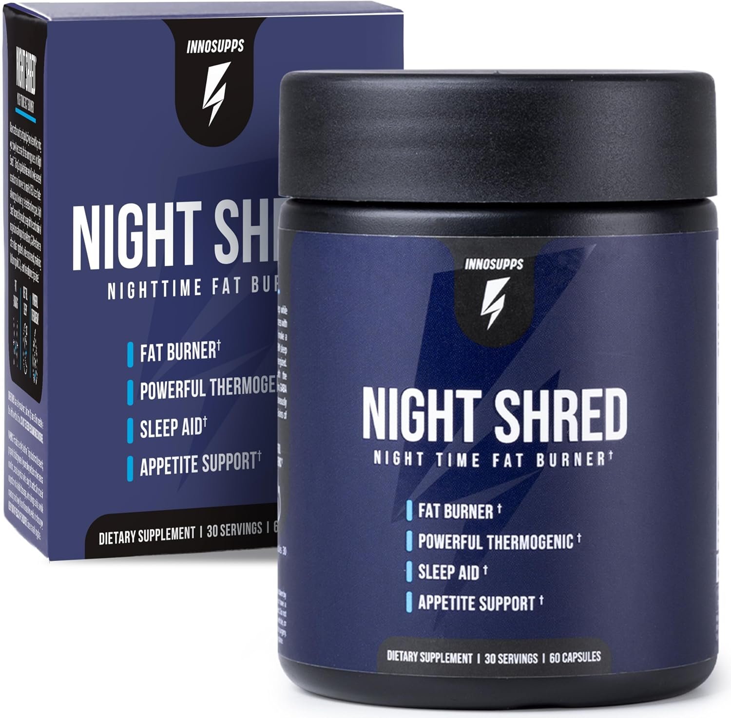 Night Shred Night Time Fat Burner & Natural Sleep Support, 30 Servings | Ashwagandha, 5-HTP, CLA & Melatonin; Appetite suppressant; Supports sleep & fat burning; 60 vegetarian capsules