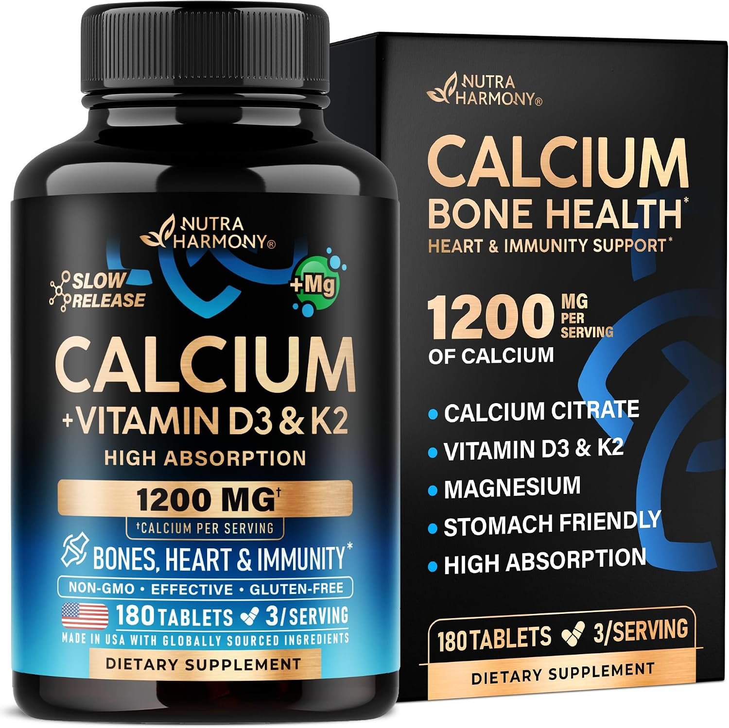 Calcium 1200mg + Vitamin D3 – Calcium Citrate for Women & Men – 180 Tabs | Calcium Supplement for Bone Health, Strength & Density – High Absorption & Slow Release – Lab Tested