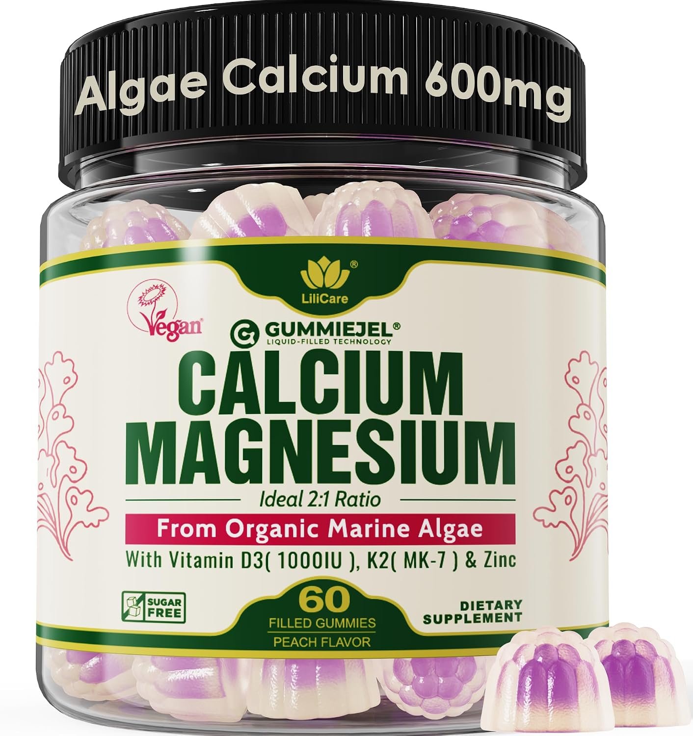 Plant Based Calcium Gummies 600mg with Vitamin D3 K2, Magnesium, Zinc for Bone Strength, Sugar Free Calcium Supplements for Women & Men (Certified Vegan) from Sustainably Organic Red Algae – 60 Counts