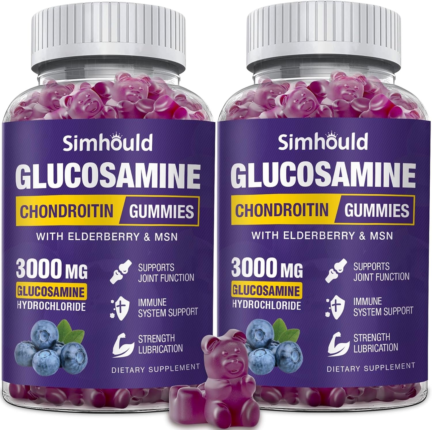 Simhould 2 Packs Glucosamine Chondroitin Gummies – 3000MG Extra Strength Joint Support Supplement with MSM & Elderberry, Flexibility, Antioxidant Immune Support Gummy for Adults, Men & Women