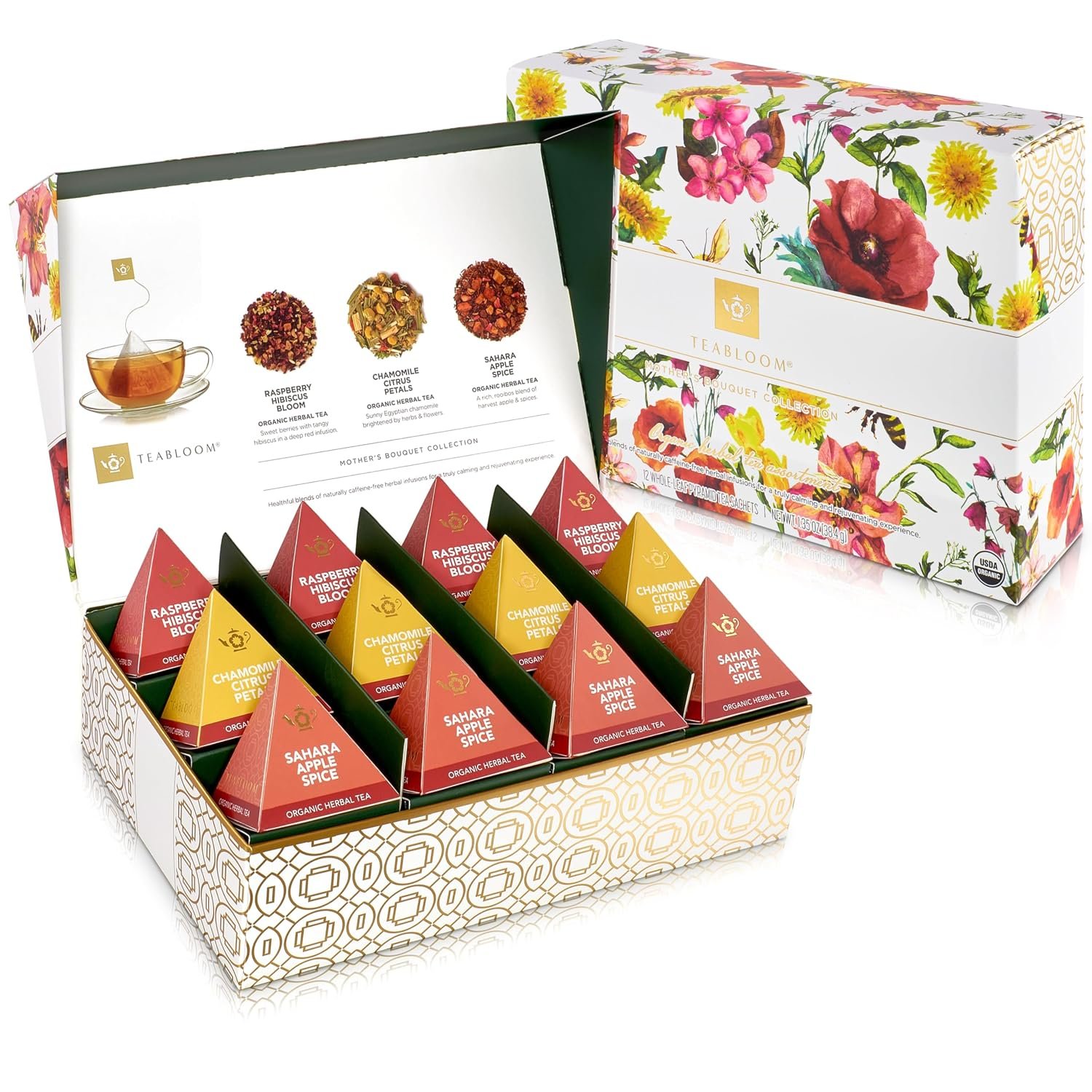 Teabloom Mother’s Bouquet Gourmet Tea Gift – Herbal Assortment with 12 Organic Plant-Based Pyramid Sachets, Caffeine-Free & Kosher, Elegant Presentation Box for Tea Lovers